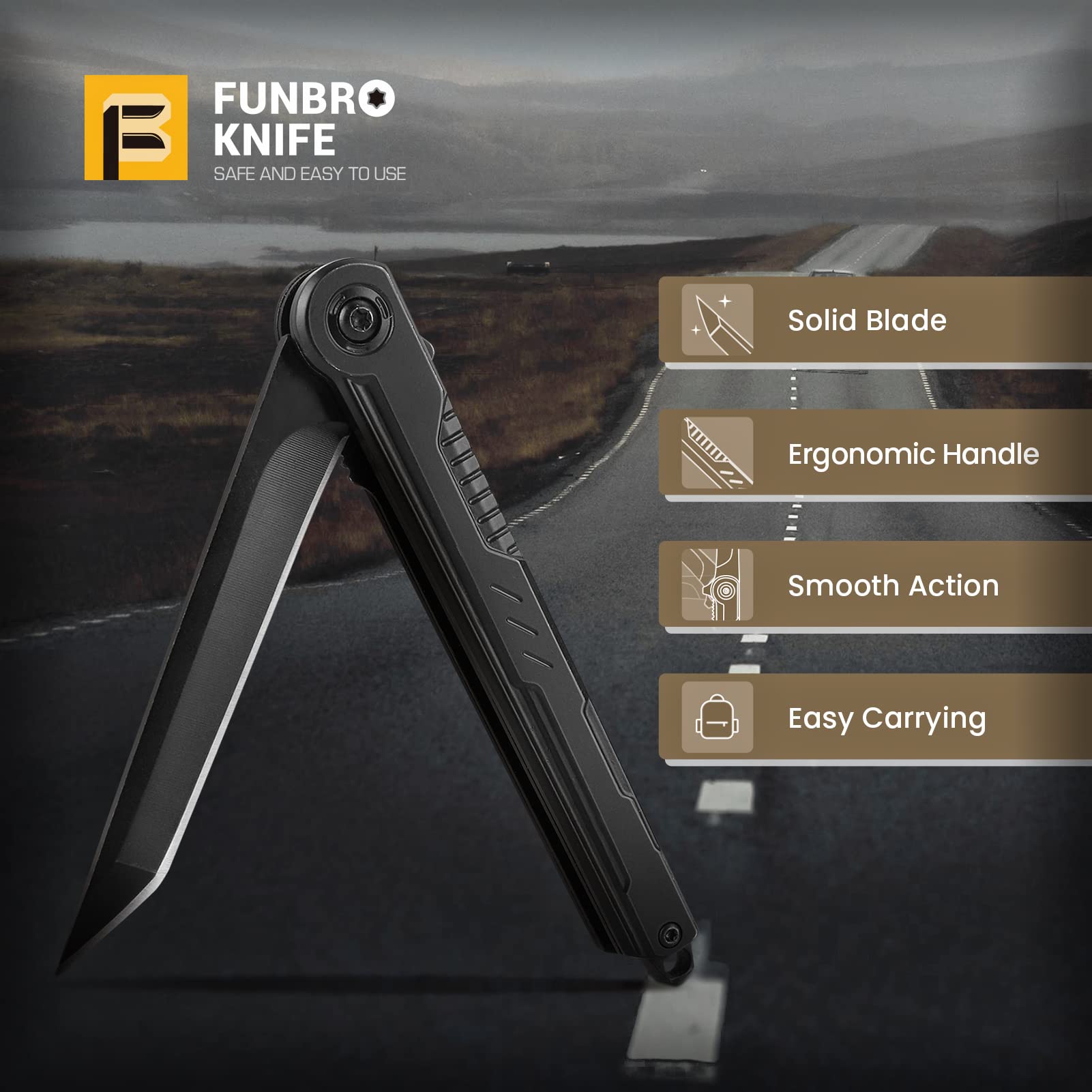 FUNBRO EDC Pocket Knife - 7CR13Mov Steel Tanto Blade, Slim Survival Knife with Clip and Liner Lock, Window Breaker - For Outdoor Camping