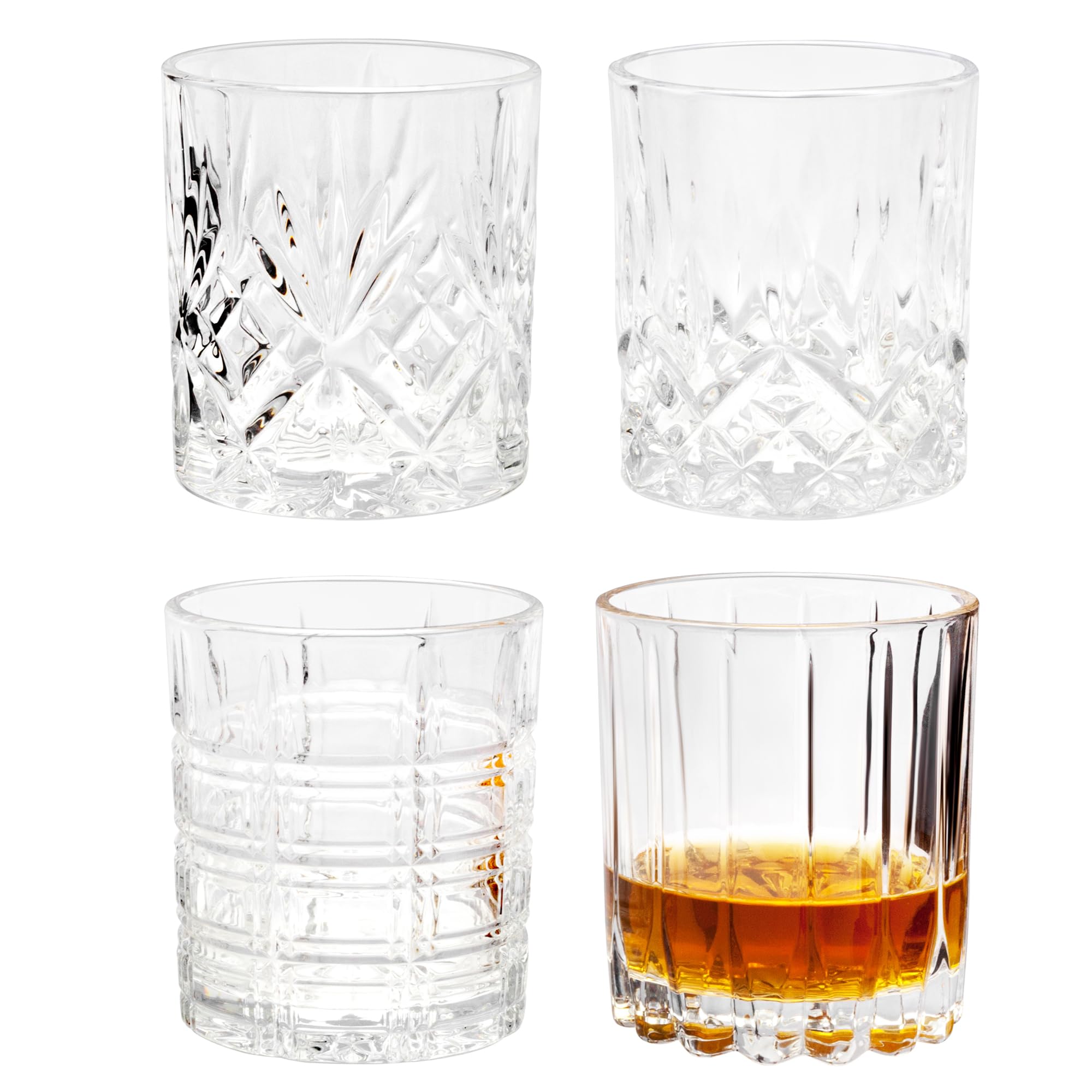 KANARS Whiskey Glasses Set of 4 - Multi Style Crystal Liquor Glasses 10 oz - Rocks Glass Barware For Scotch, Bourbon, Rum and Cocktail, Whisky Gifts for Men Father's Day