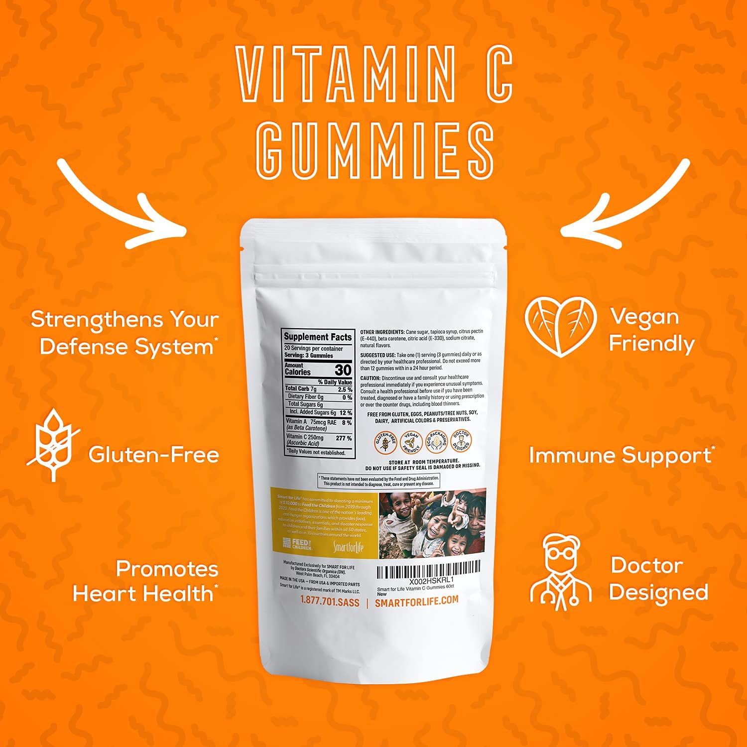 Smart for Life Vitamin C Gummies - Plant Based Vegan Vitamin C Gummies Natural Orange Flavor - Immune Support Gummies for Adults and Kids - Non-GMO - Dietary Supplement - 60 Count