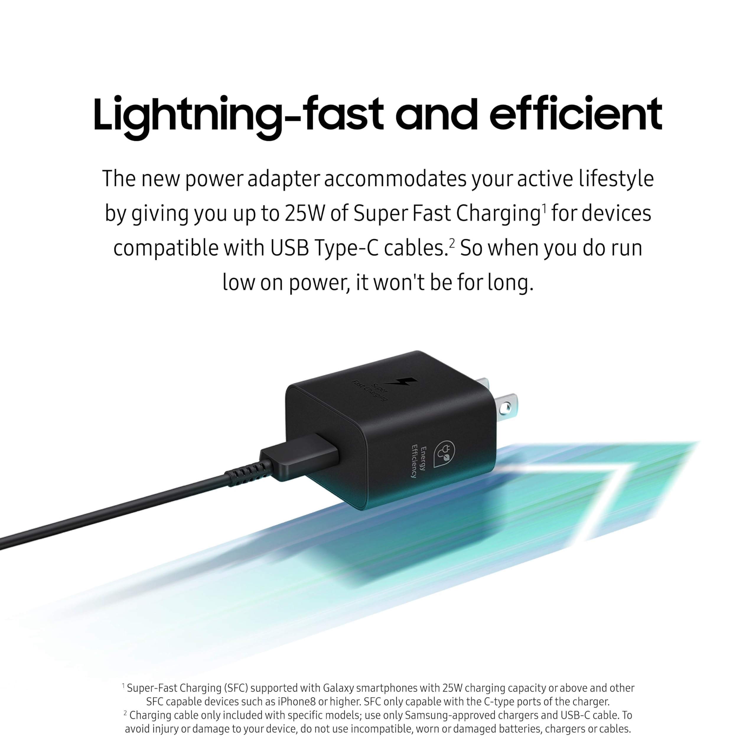 Samsung 25W Wall Charger Power Adapter with Cable, Super Fast Charging, Compact Design, Energy Efficient, Compatible with Galaxy and USB Type C Devices, Black