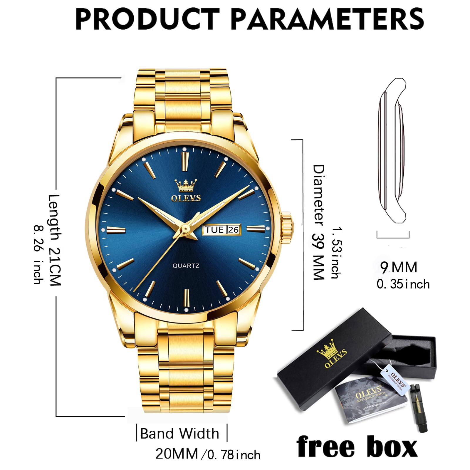 OLEVS Gold Steel Watches for Men,Day Date Watches Men Gold,Mens Watch Blue Dial,Gold Watch Men with Day,Mens Watch,Dress Waterproof Men Watches,Luminous Men Watch,Classic Watch for Men