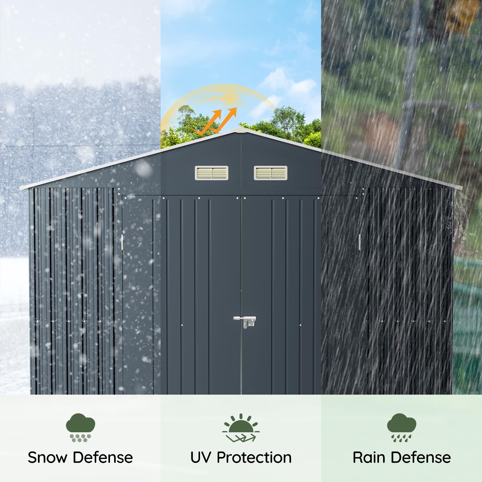 Grovellis 10x12 FT Outdoor Metal Storage Shed, Double Swing Doors, 2 Clear Windows, Replaceable Skylight Roof Panel, Tool Shed for Garden, Patio, Backyard