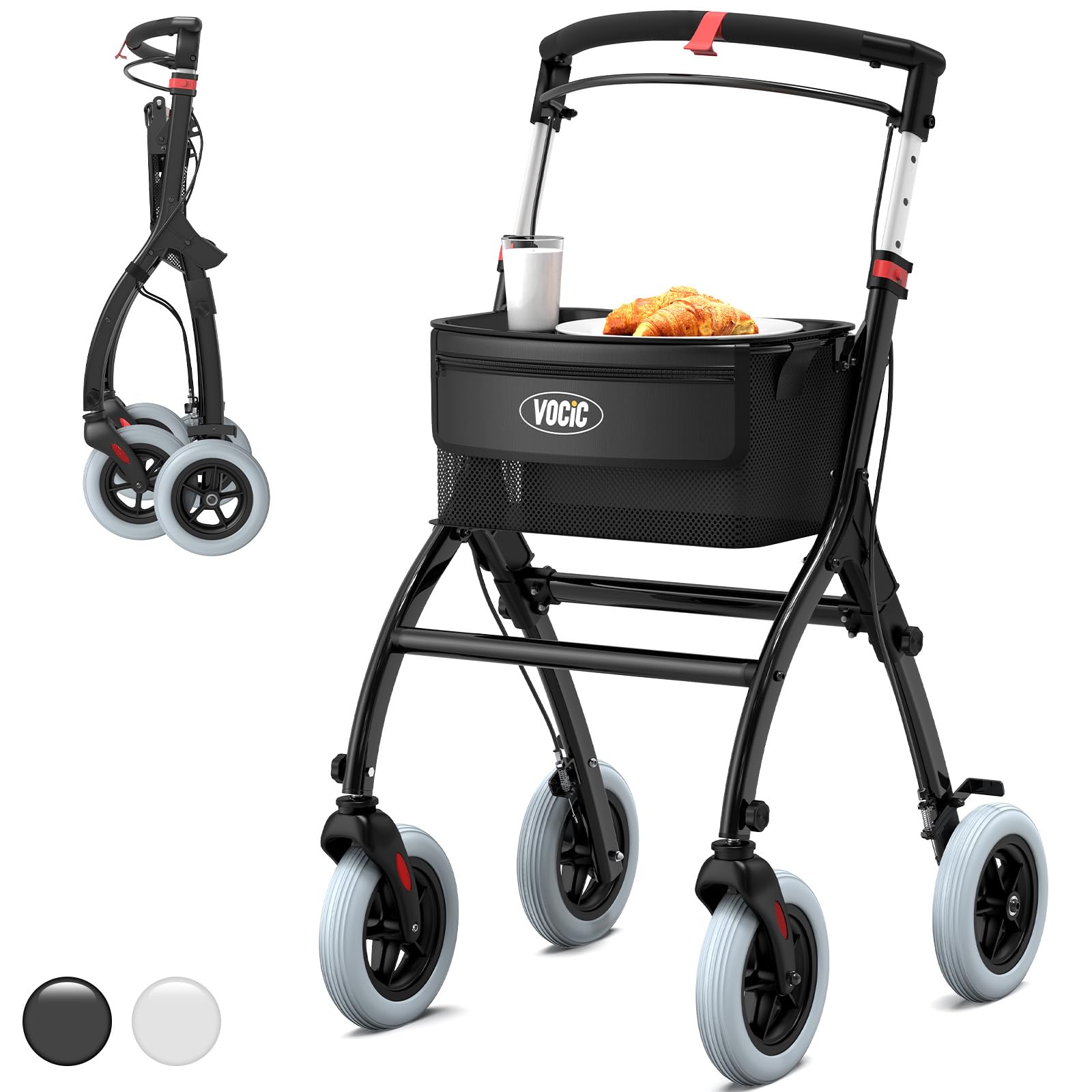 Narrow Rollator Walkers for Small Spaces, Indoor Rollator Foldable and Lightweight, Stable Home Rollator with Quiet Anti-Slip Tires, Rollators for Seniors Foldable with Tray