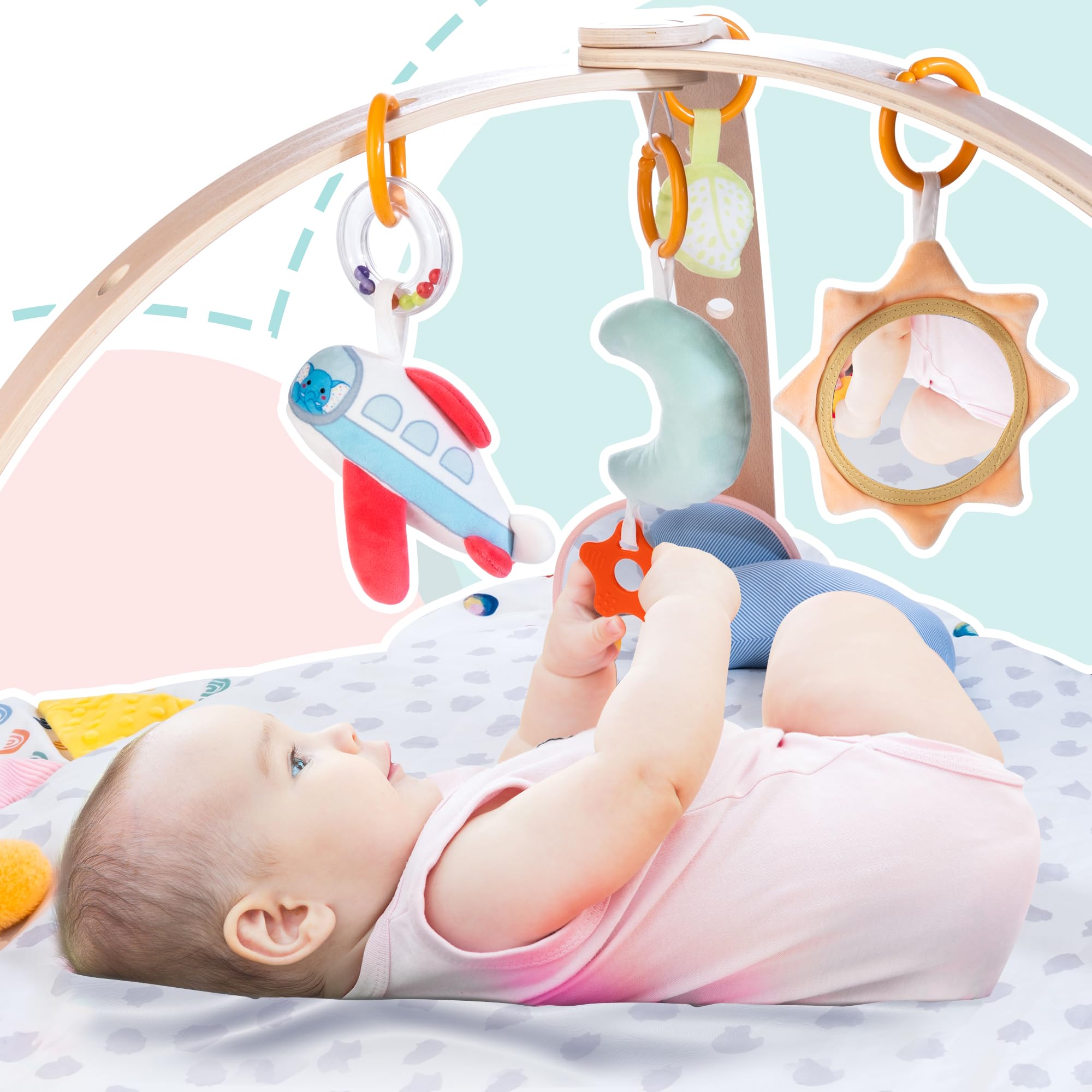 WOODMAM Baby Play Gym Mat, Infant Activity Gym for Newborns with Hanging Sensory Toys and Tummy Time Pillow, Foldable Wooden Frames, Best Gift for Baby Showers