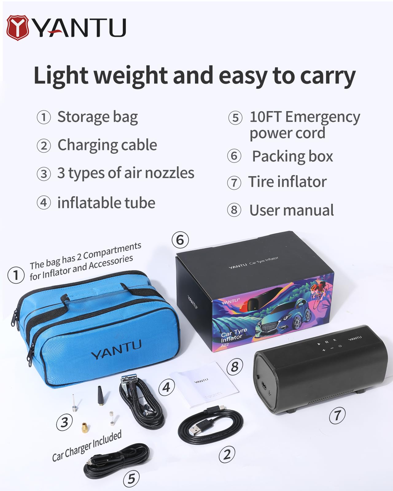 YANTU Dual Cylinder Tire Inflator Portable Air Compressor With 8.3-Inch Large Digital Screen,12V Cordless/battery powered Car Air Pump For Car Tires，Electric Auto Shut Off for Truck/Bike/Pickup/Moto