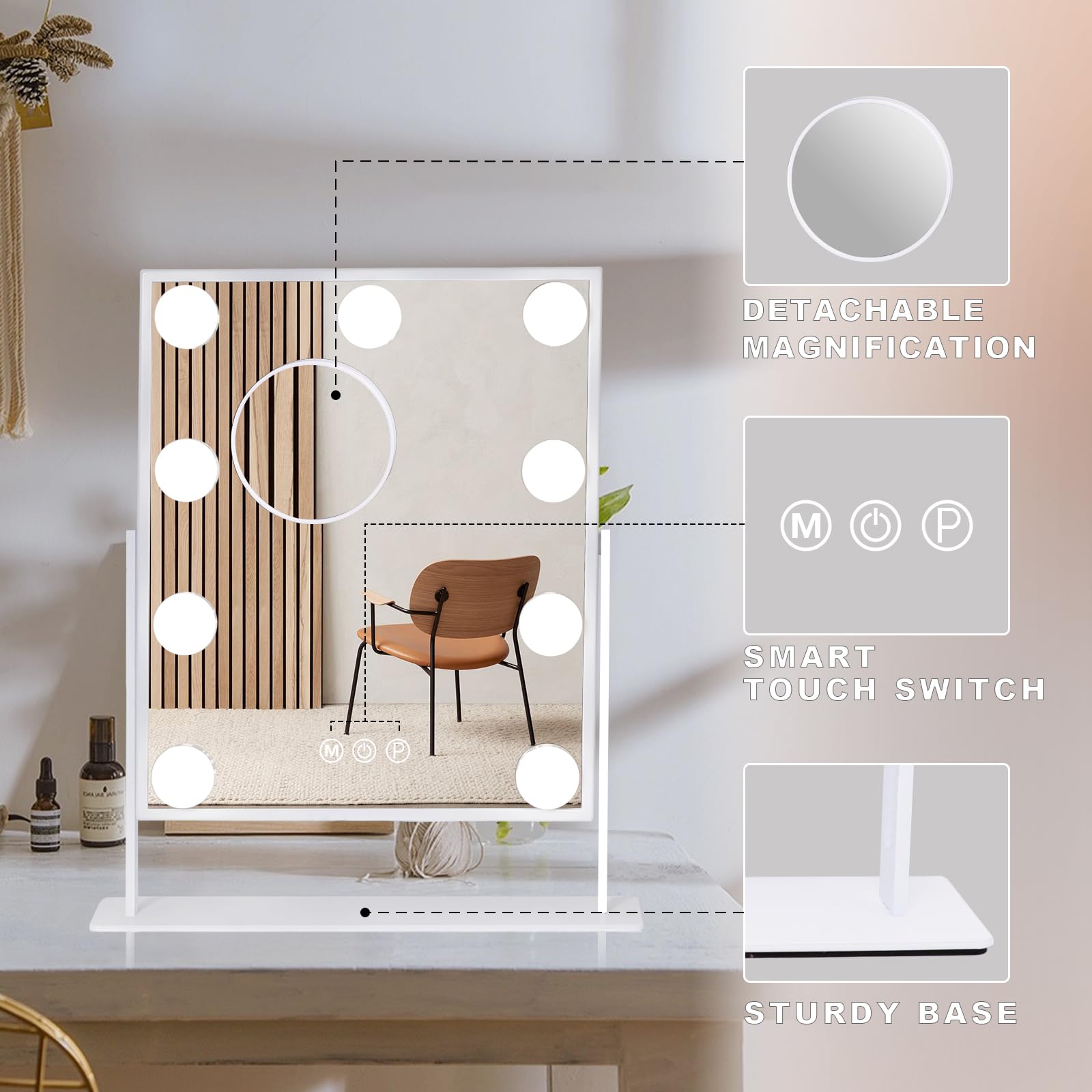 Leishe Vanity Mirror with Lights Hollywood Lighted Makeup Mirror with 9 Dimmable Bulbs & 3 Color Lighting Modes, Detachable 10X Magnification Mirror and 360 Degree Rotation(White)