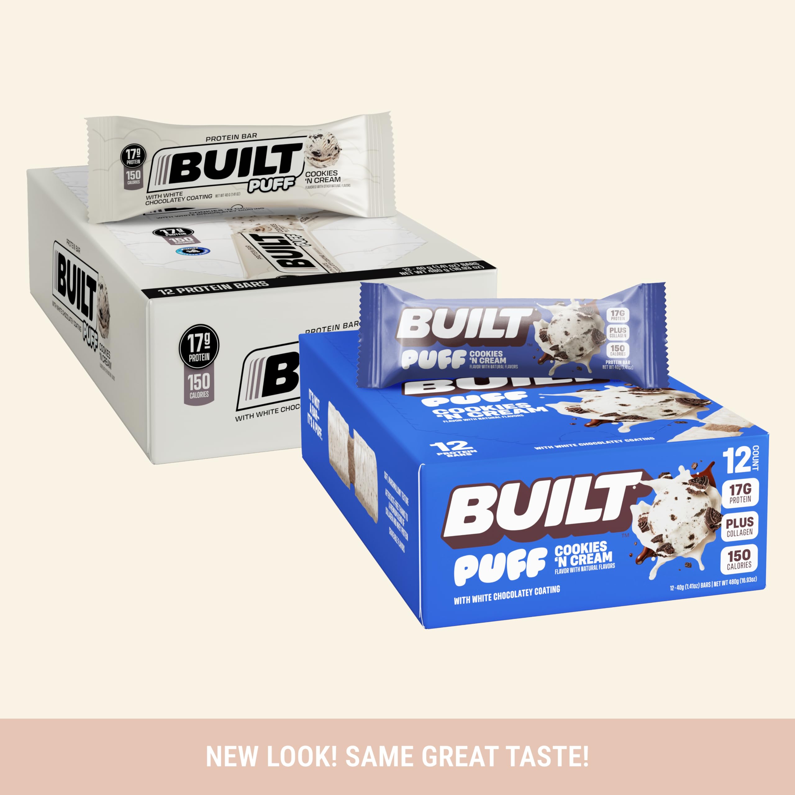 BUILT Puffs Protein Bars, Cookies 'N Cream Puff, High Protein Bars, 17g High Protein Snacks, On-The-Go Bars, only 140 Calories, 7g Sugar, Collagen, Not Gluten Free, 12 Count