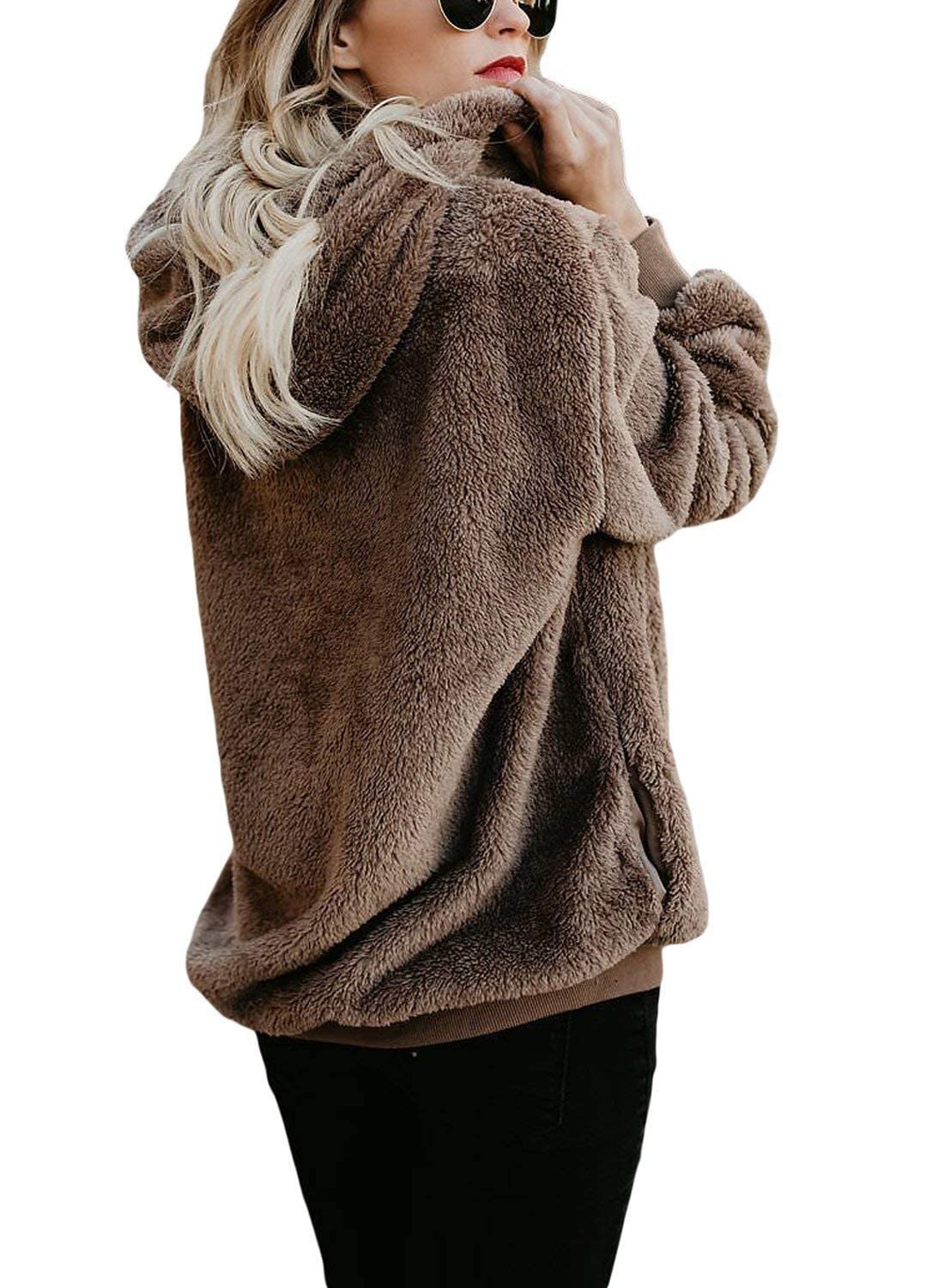 ReachMe Womens Oversized Sherpa Pullover Hoodie with Pockets Fuzzy Fleece Sweatshirt Plaid Fluffy Jacket Coat(0 Brown,M)