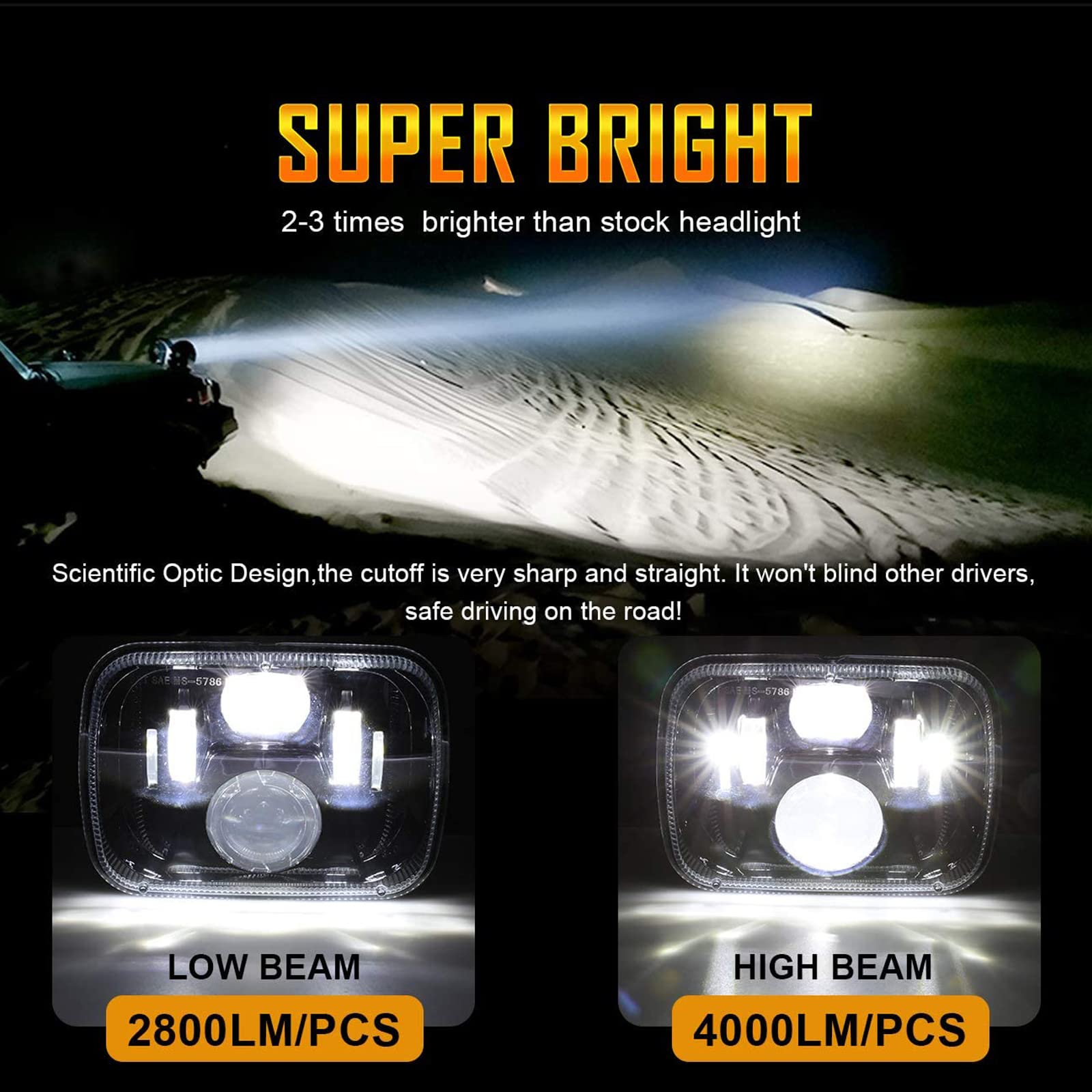 Auxbeam 5x7 7x6 Inch Led Headlights with High Low Beam DOT Approved H6054 6054 Led Rectangular Headlight for Jeep Wrangler YJ Cherokee XJ GMC Replacement H5054 H6054LL 69822 6052 6053 (Black)