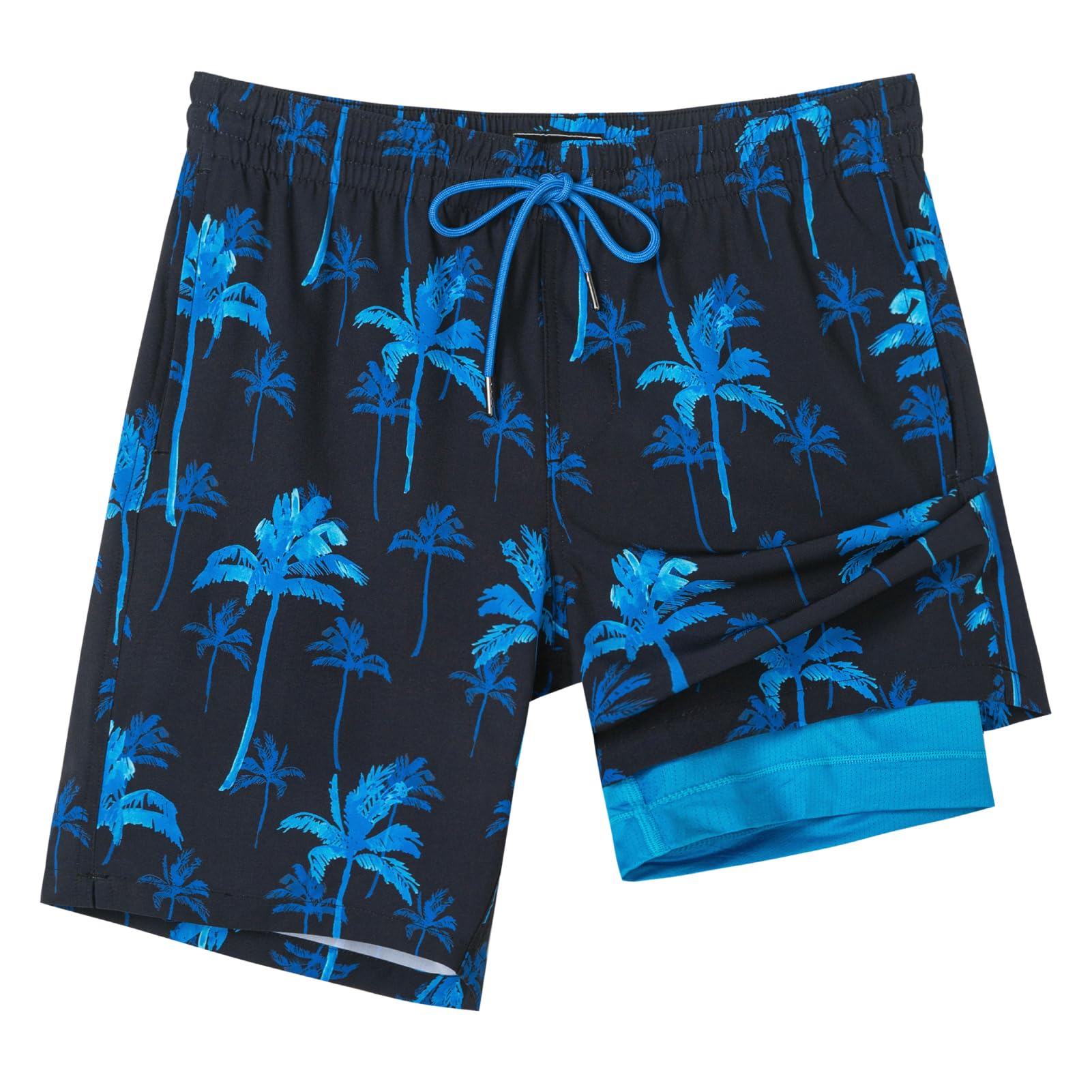 SURF CUZ 9" Mens Swim Trunks with Compression Liner Swimming Shorts 2 in 1 Stretch Quick Dry Zipper Pockets,Ocean Palm,M