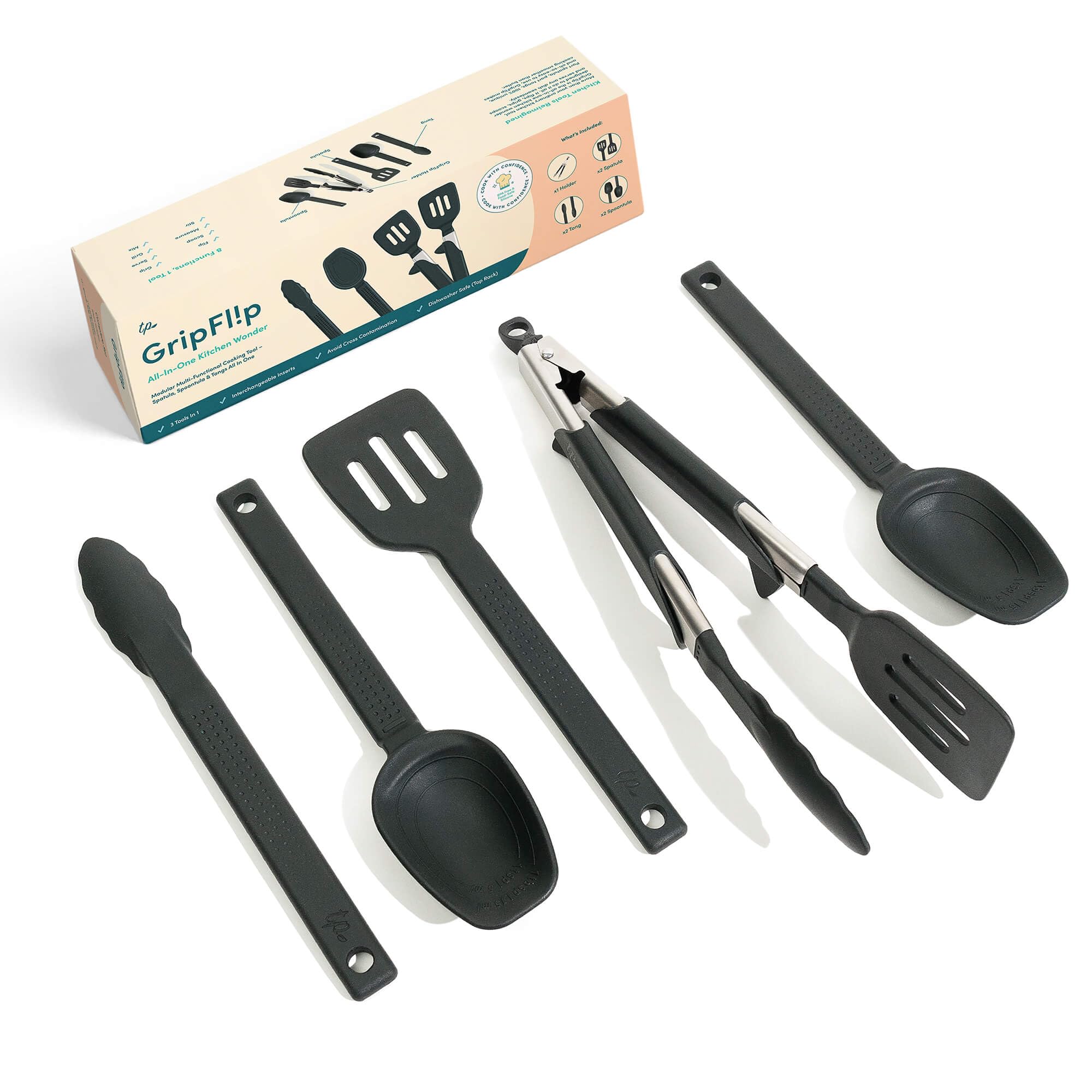 GripFlip: 3-in-1 Kitchen Utensils Set | Spatula, Tongs & Spoontula | 7 Pcs | Non-stick, Heat-resistant, BPA-free Silicone Cooking Utensils Set with Extendable & Interchangeable Inserts