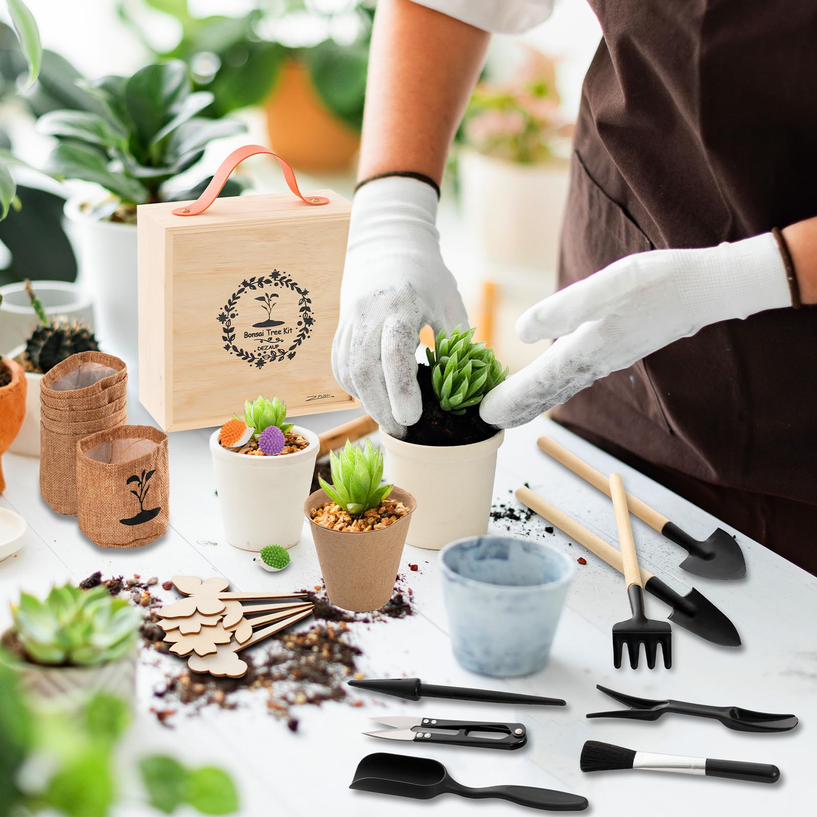 46 Pcs Bonsai Tree Kit - Indoor Starter Kit for Bonsai, Succulent Tools Set with Wooden Box Include Plant Repotting Mat, Leaf Shears,Rake, Long & Wide Spades, Unique Gift for Indoor Gardening