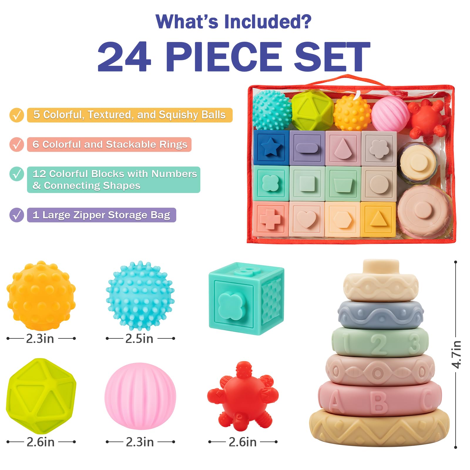 Jyusmile Baby Toys 6-12 Months, Montessori Toys for Babies 6-12 Months, Incl Stacking Building Blocks & Soft Infant Teething Toys & Sensory Balls for Toddlers 0-3-6-9-12 Months