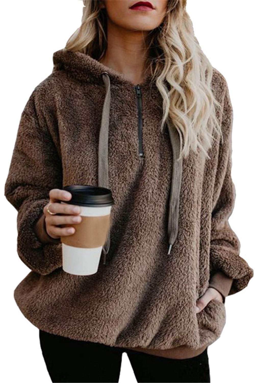 ReachMe Womens Oversized Sherpa Pullover Hoodie with Pockets Fuzzy Fleece Sweatshirt Plaid Fluffy Jacket Coat(0 Brown,M)