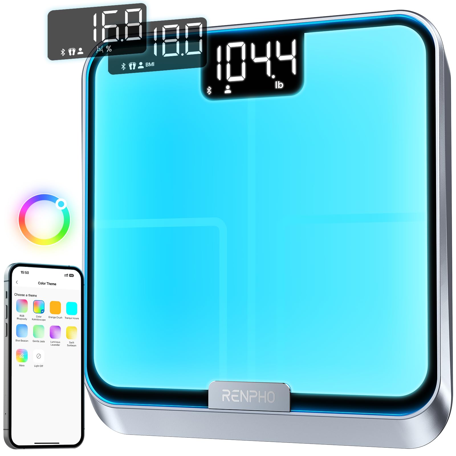 RENPHO Smart Body Scale with RGB Lighting Platform, Rechargeable Scale with BMI, Body Fat, Muscle Mass, Customize Color Themes, FSA HSA Eligible, Gifts for Women Men, Elis Chroma