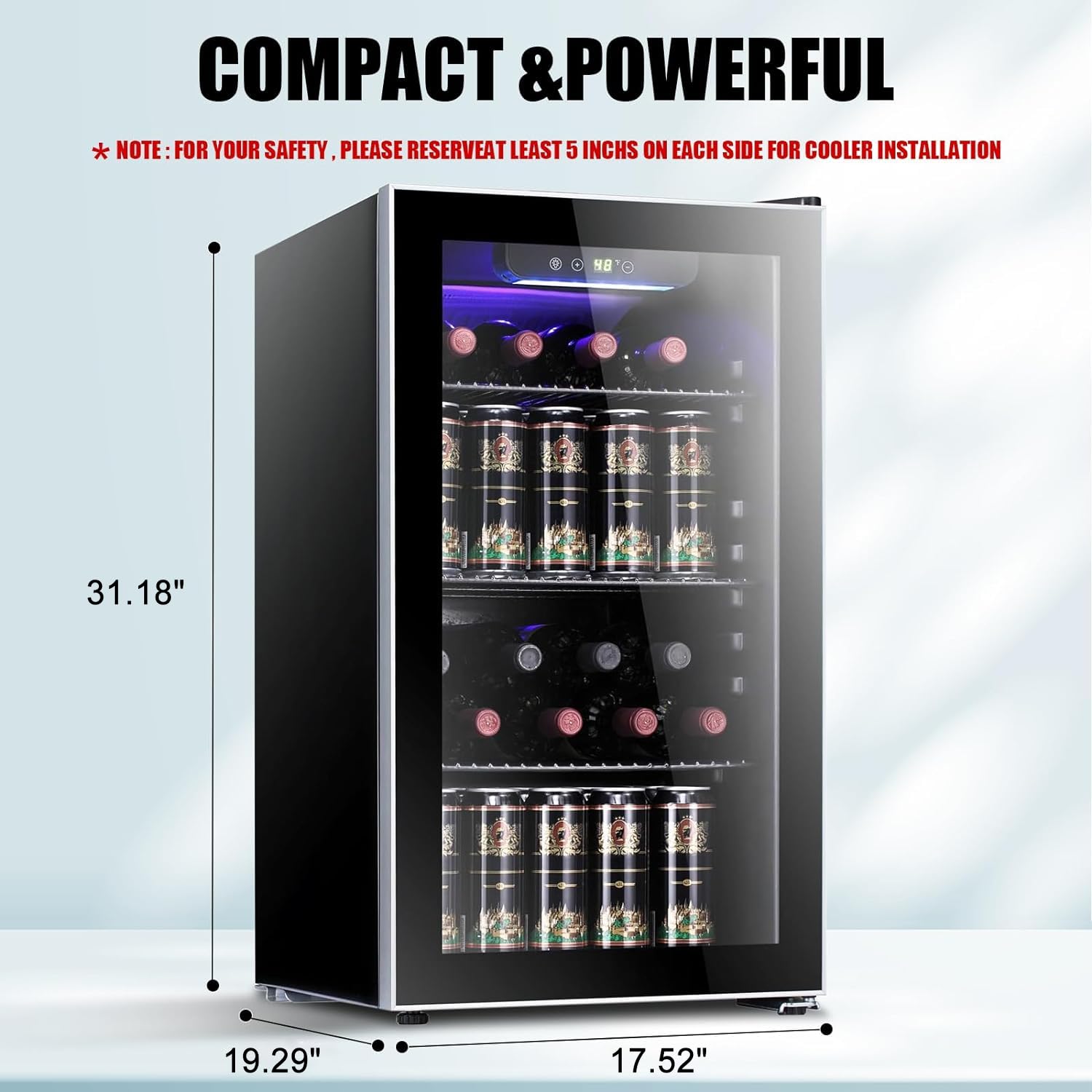 Antarctic Star 26 Bottle 130 Can Wine Cooler/Cabinet Beverage Refrigerator Mini Wine Cellar Beer Soda Clear Glass Door Bar Fridge Quiet Compressor Adjust Temp Freestanding Indoor Use 3.2cu.ft Black