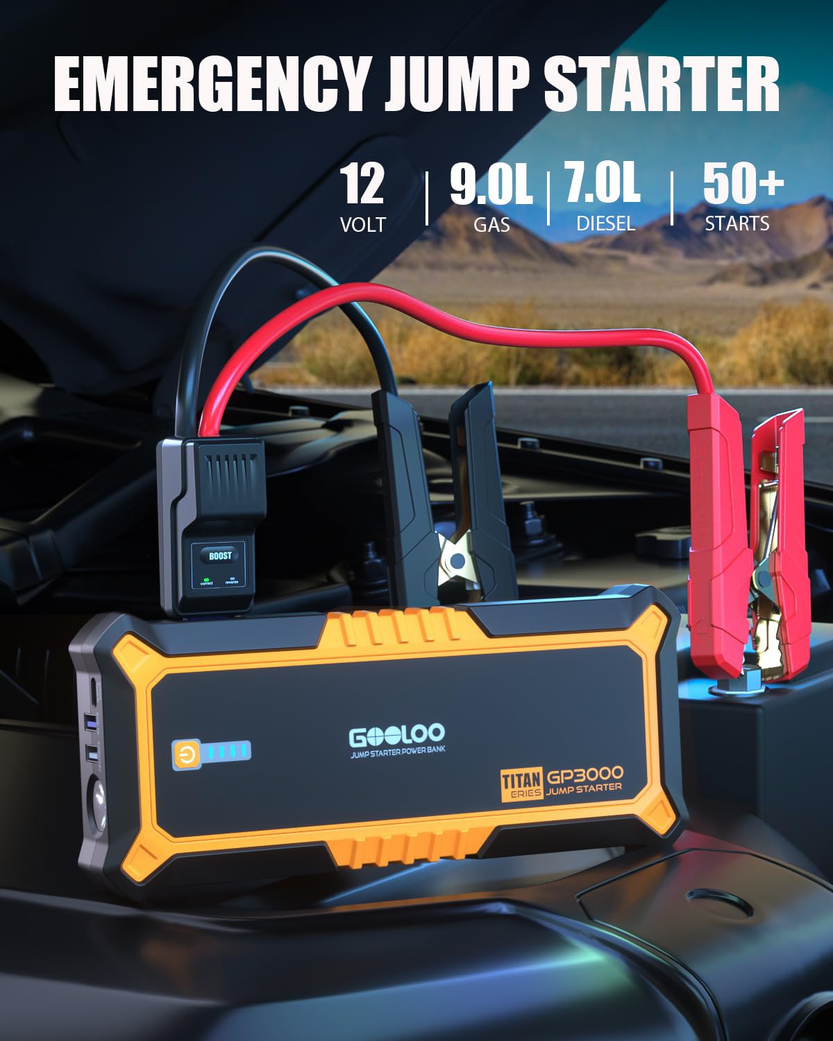 GOOLOO GP3000 3000A Jump Starter,12V Car Battery Jump Starter for up to 9.0L Gas Engines & 7.0L Diesel, Supersafe Lithium Jump Box Battery Booster Pack, Auto Battery Starter with USB Quick Charge