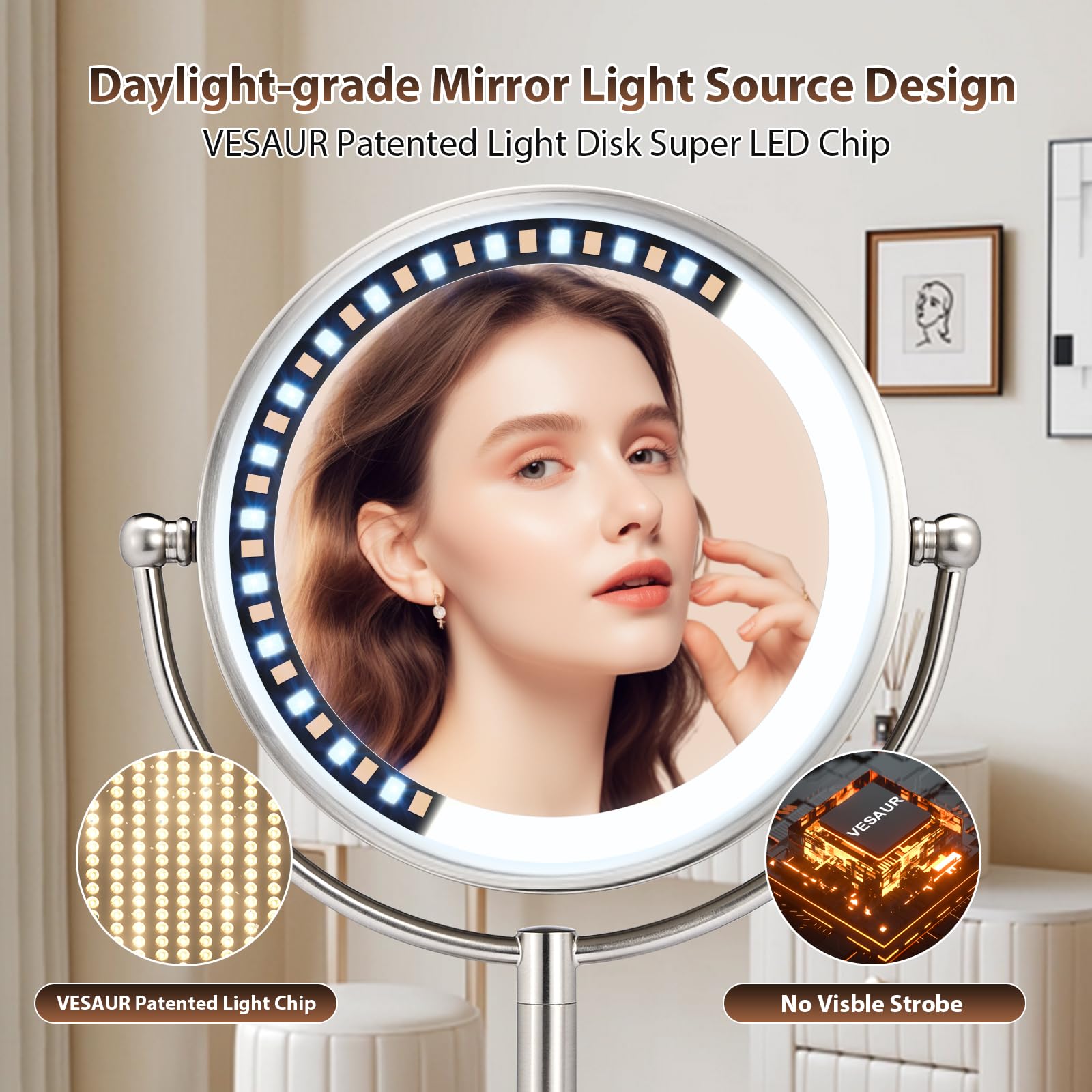 Professional 8.5" Large Lighted Makeup Mirror with Brighter Lights, 1X/10X True HD Magnifying Mirror with 3 Color Dimmable Lights, 80 Shadowless LEDs, 360°Swivel Seamless Vanity Mirror, Pearl Nickel