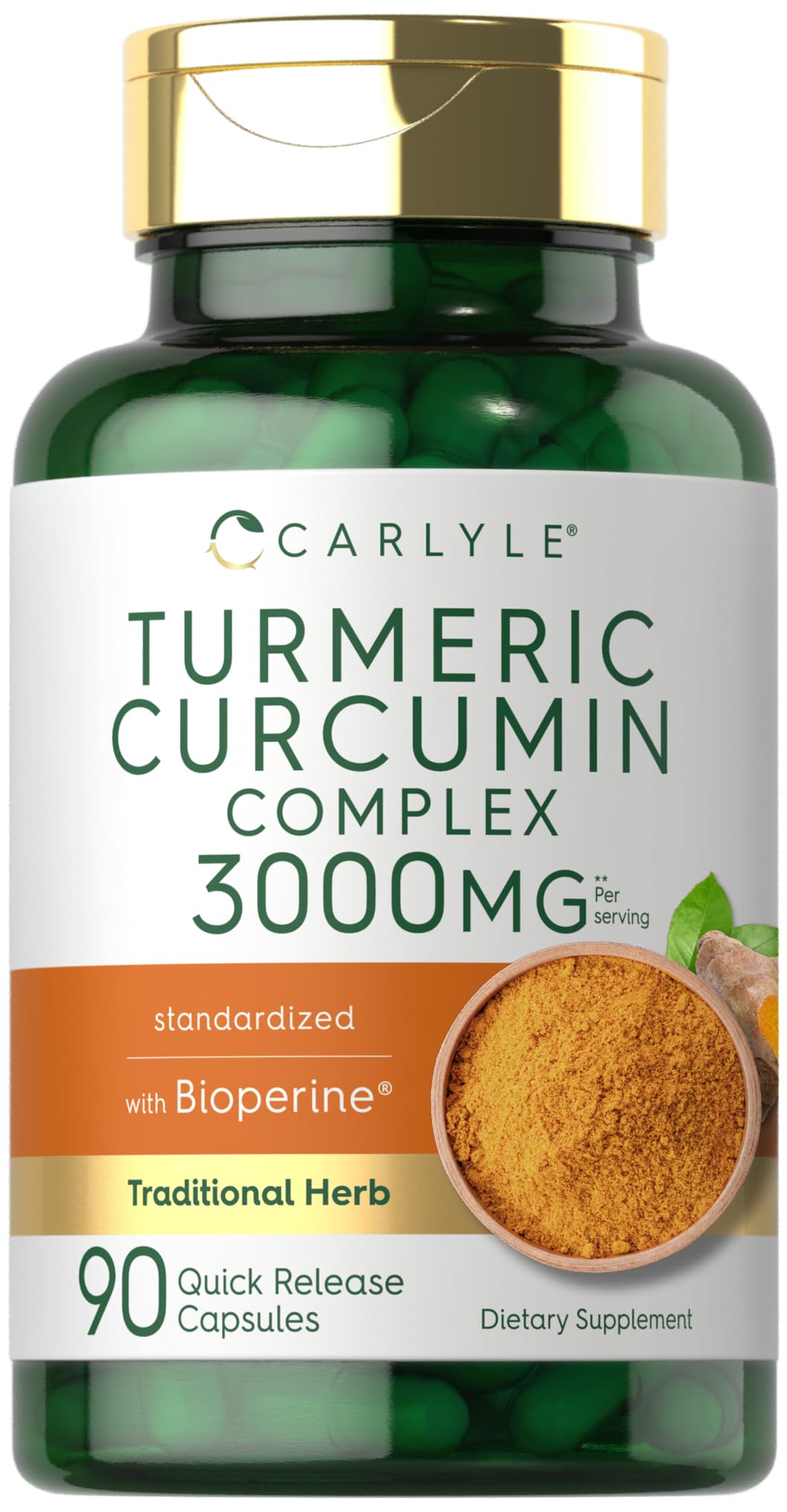 Carlyle Turmeric Curcumin with Black Pepper 3000mg | 90 Capsules | Turmeric Supplement with Bioperine | Non-GMO, Gluten Free Complex