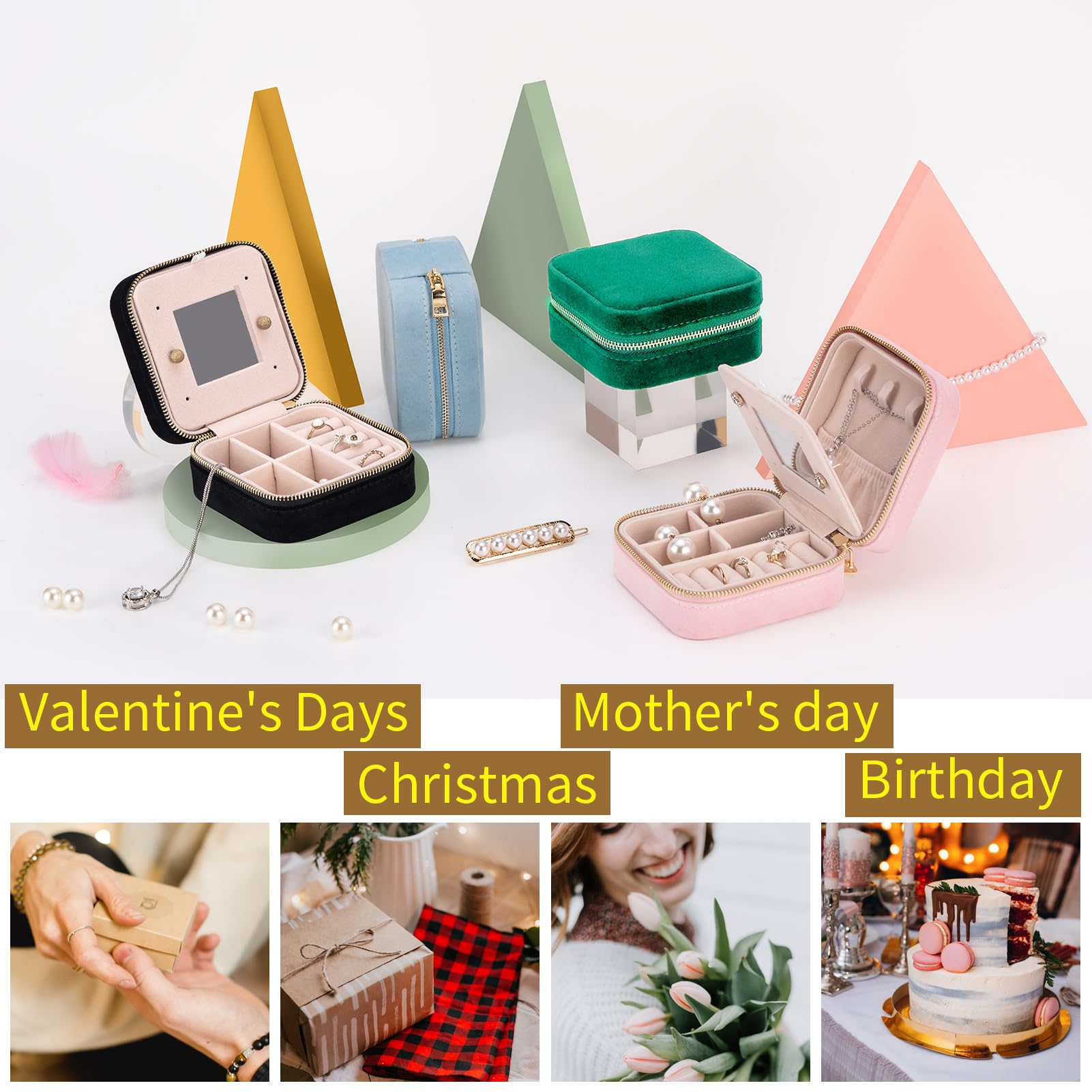 Travel Velvet Jewelry Box with Mirror, Mini Gifts Case for Women Girls, Small Portable Organizer Boxes for Rings Earrings Necklaces Bracelets