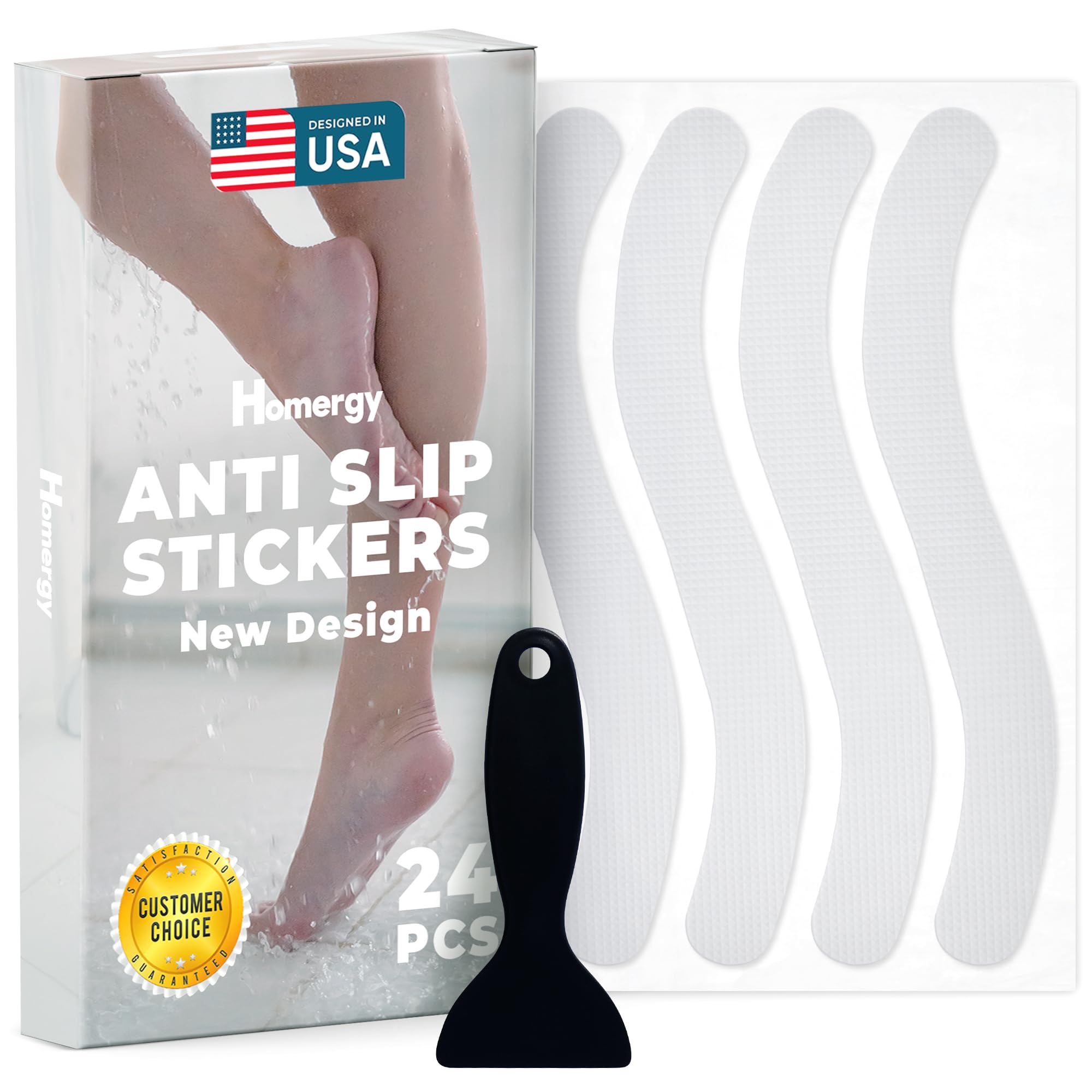 Anti-Slip Shower Stickers - Help Reduce Slipping in Bathtub & Shower, Clear Non-Slip Bath Strips, Strong Adhesive Bathtub Appliques Suitable for Homes with Kids, Adults & Seniors - 24 Pcs - Homergy