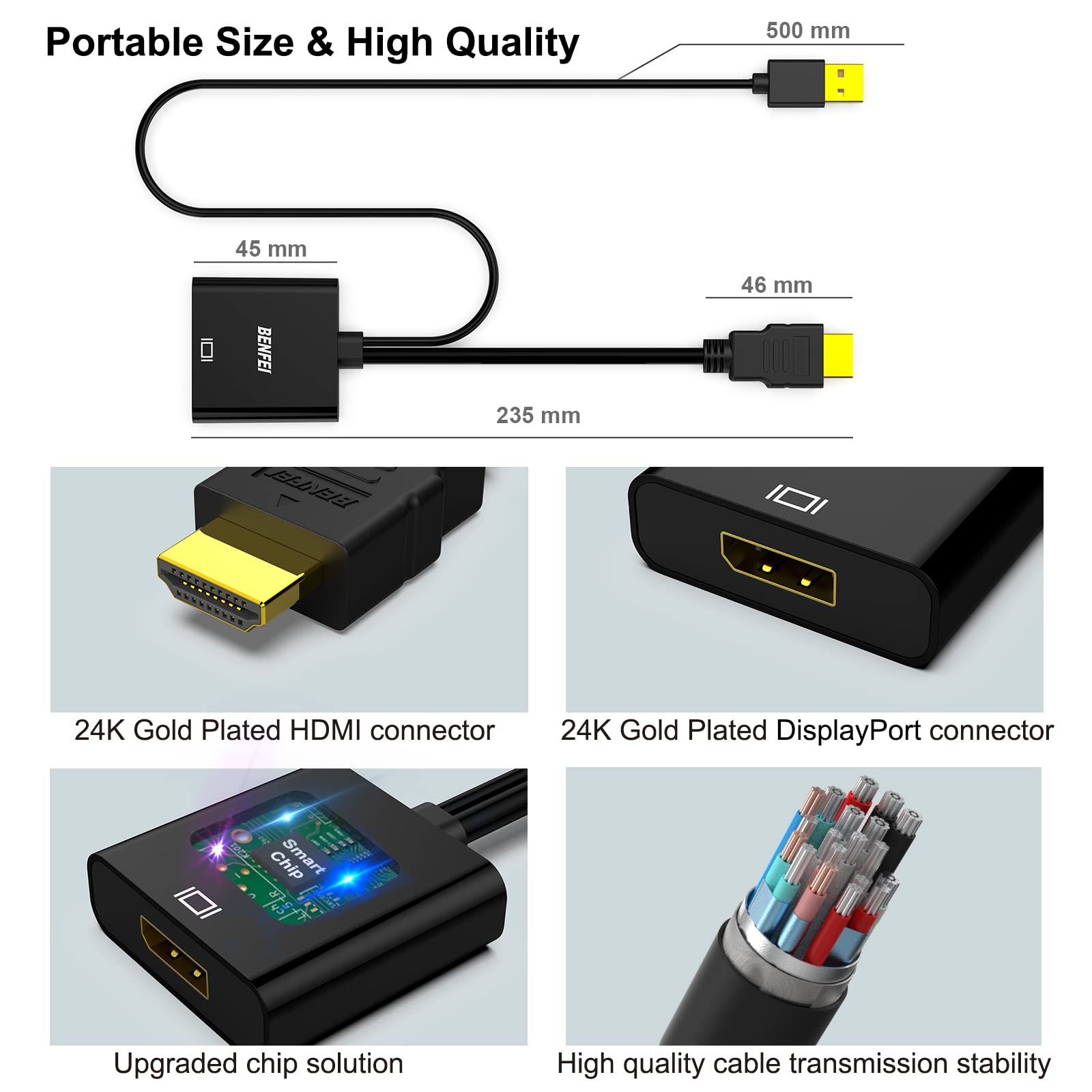 BENFEI HDMI to DisplayPort, Uni-Directional HDMI (Source) to DisplayPort (Display) Adapter 4K@60Hz/2K@144Hz/1080P@165Hz Compatible with Laptop, Xbox 360 One, PS4 PS3 Device