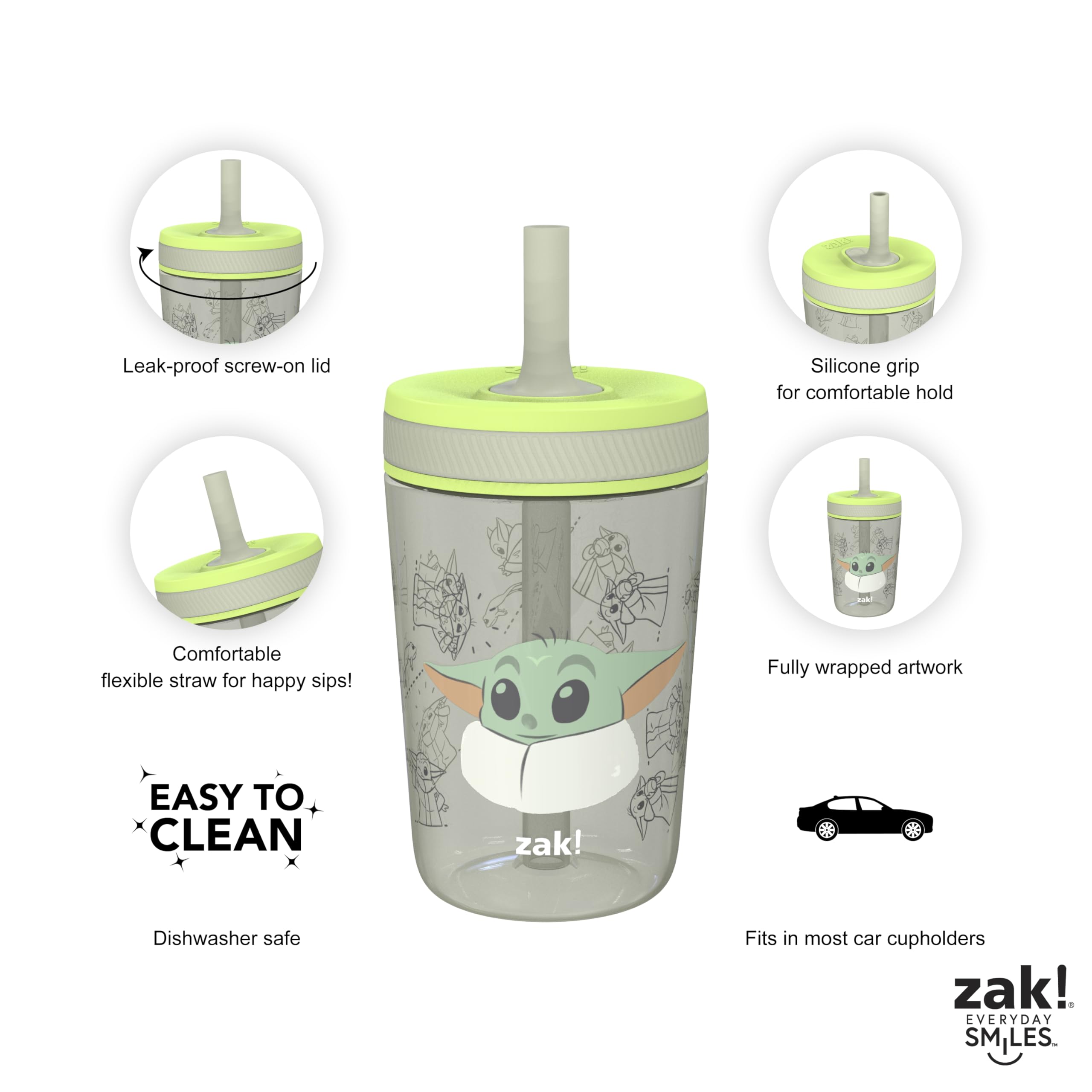 Zak Designs Star Wars The Mandalorian Kelso Toddler Cups For Travel or At Home, 15oz 2-Pack Durable Plastic Sippy Cups With Leak-Proof Design is Perfect For Kids (Baby Yoda, Grogu)