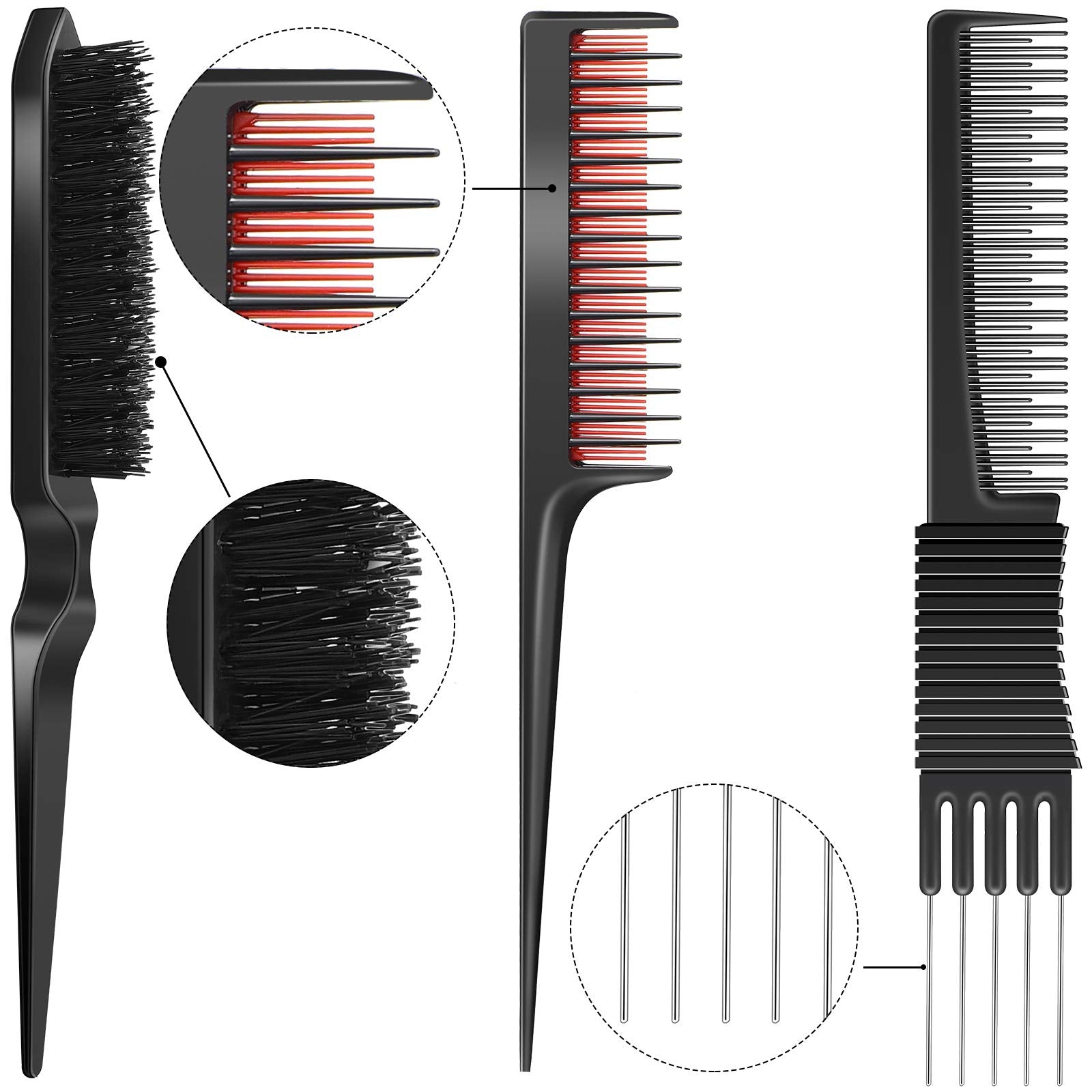 3 Pieces Pick Teasing Combs Hair Brush Set Includes Black Carbon Lift Teasing Combs with Metal Prong, Triple Pin Rat Tail Comb, Nylon Bristle Hair Comb Brush for Women (Black and Red)