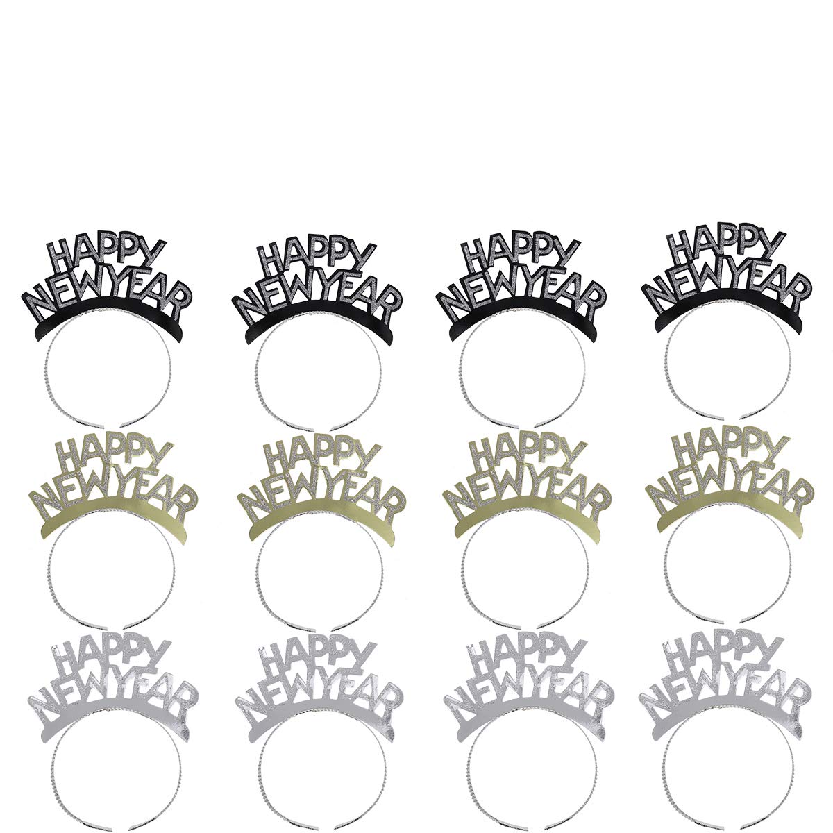 Amosfun HAPPY NEW YEAR Headband Tiara New Years Party Favors Gold Silver Black 12 Pieces