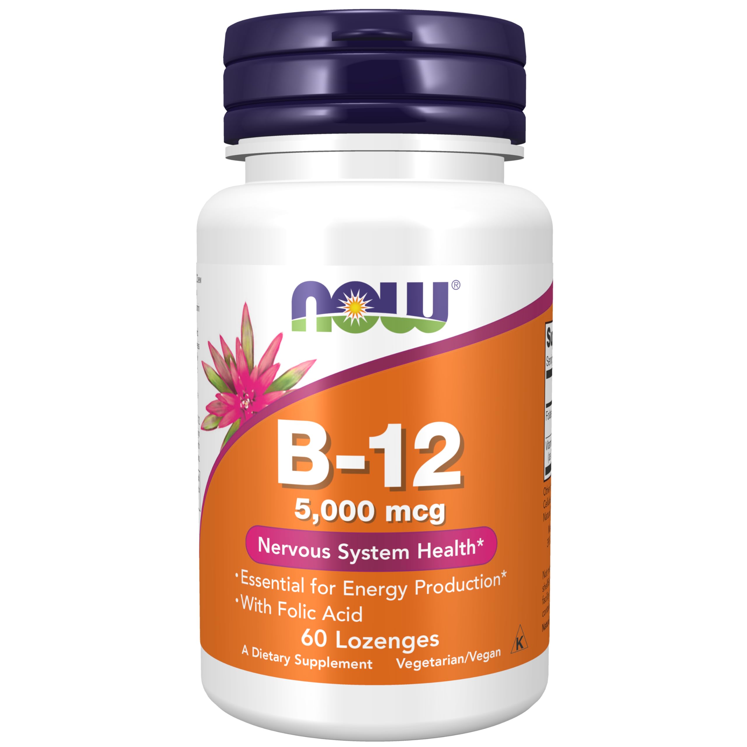 NOW Supplements, Vitamin B-12 5,000 mcg, With Folic Acid, Nervous System Health*, 60 Lozenges