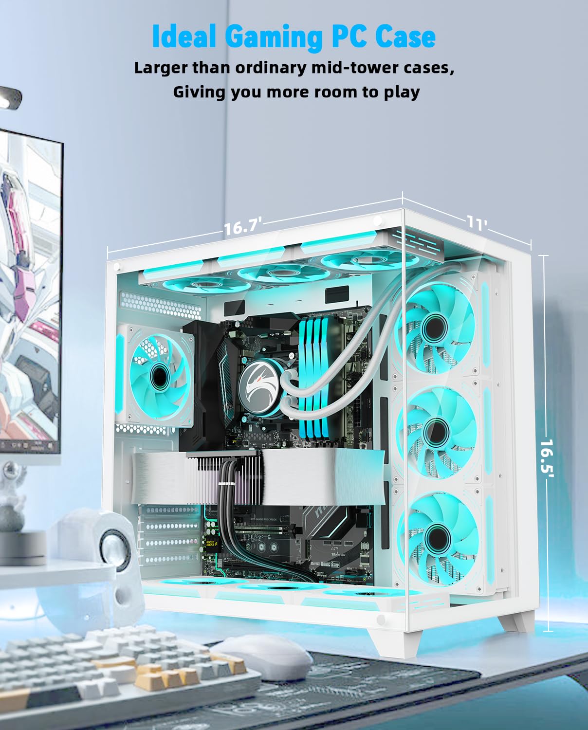 SZD S590 Mid ATX Gaming PC Case, 270° Full View Seamless Tempered, 360mm Radiator Support, High-Airflow Dual-Chamber Computer Tower Case-Fans not Included