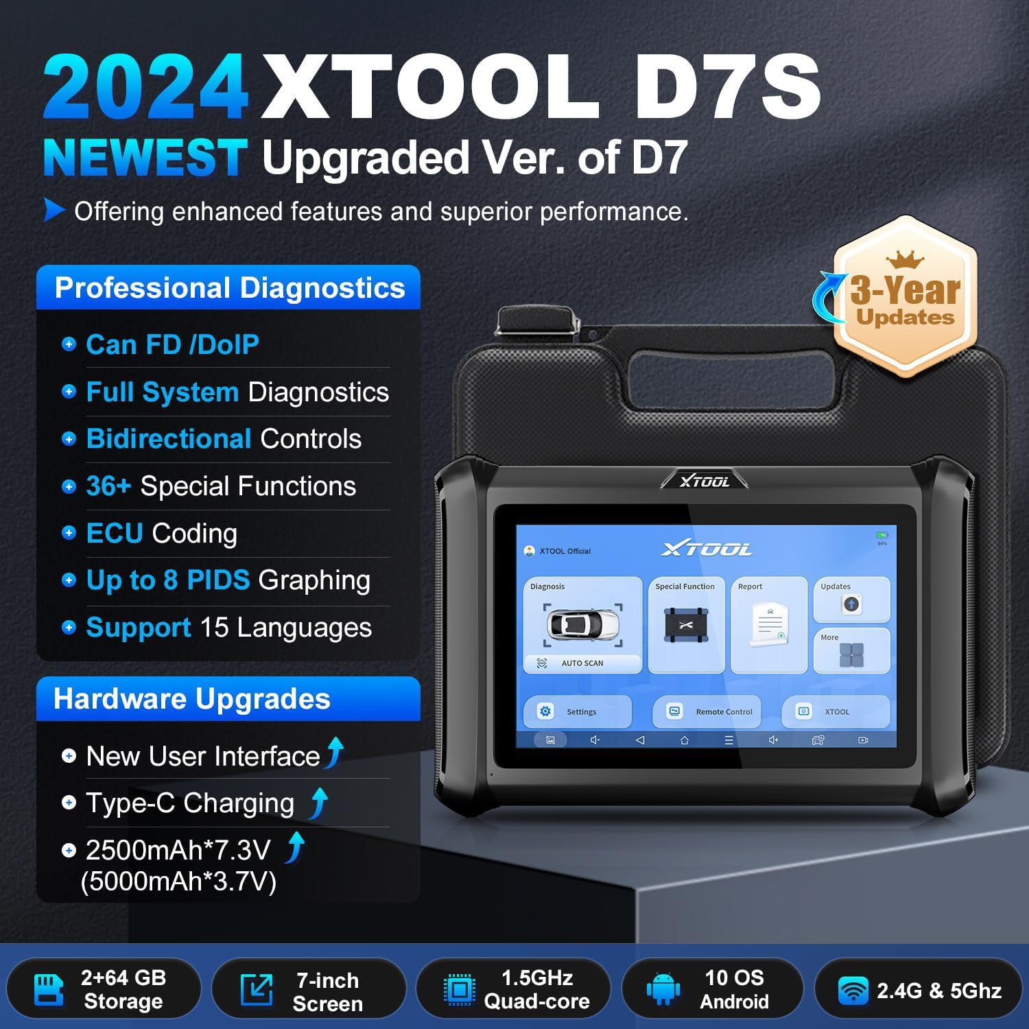 XTOOL D7S OBD2 Scanner: 2024 Newest Bidirectional Scan Tool with 3-Year Updates, Active Tests, DoIP & CAN FD, ECU Coding, 36+ Resets, All System Diagnostics, Upgraded Ver. of D7