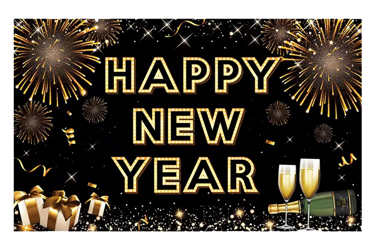 Happy New Year Banner for 2025 Party Decoration, Blackgold New Year Eve Banner Photo Backdrop Party Supplies (HAPPY NEW YEAR)