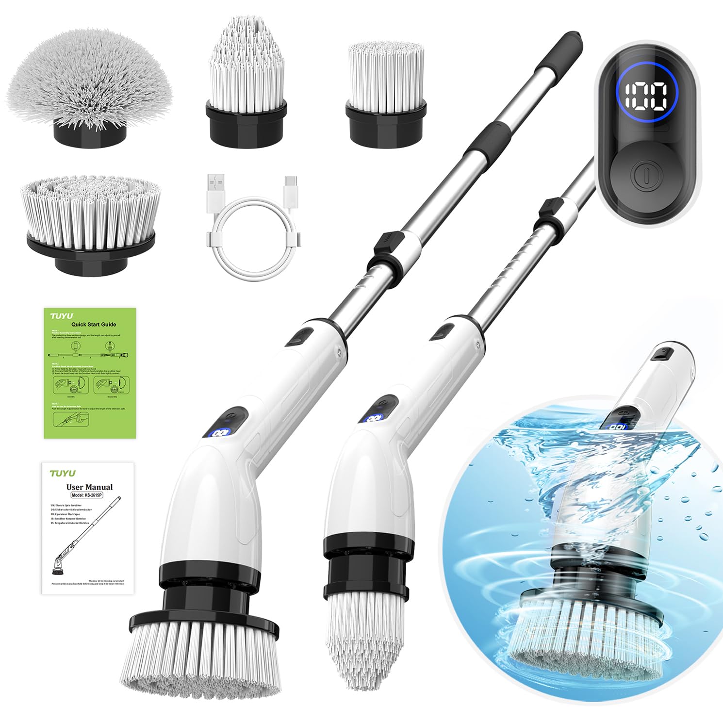 TUYU Electric Spin Scrubber, New Full-Body IPX7 Waterproof Bathroom Scrubber with Power LCD Display, Adjustable Extension Handle, Cordless Electric Cleaning Brush for Bathroom, Kitchen Cleaning