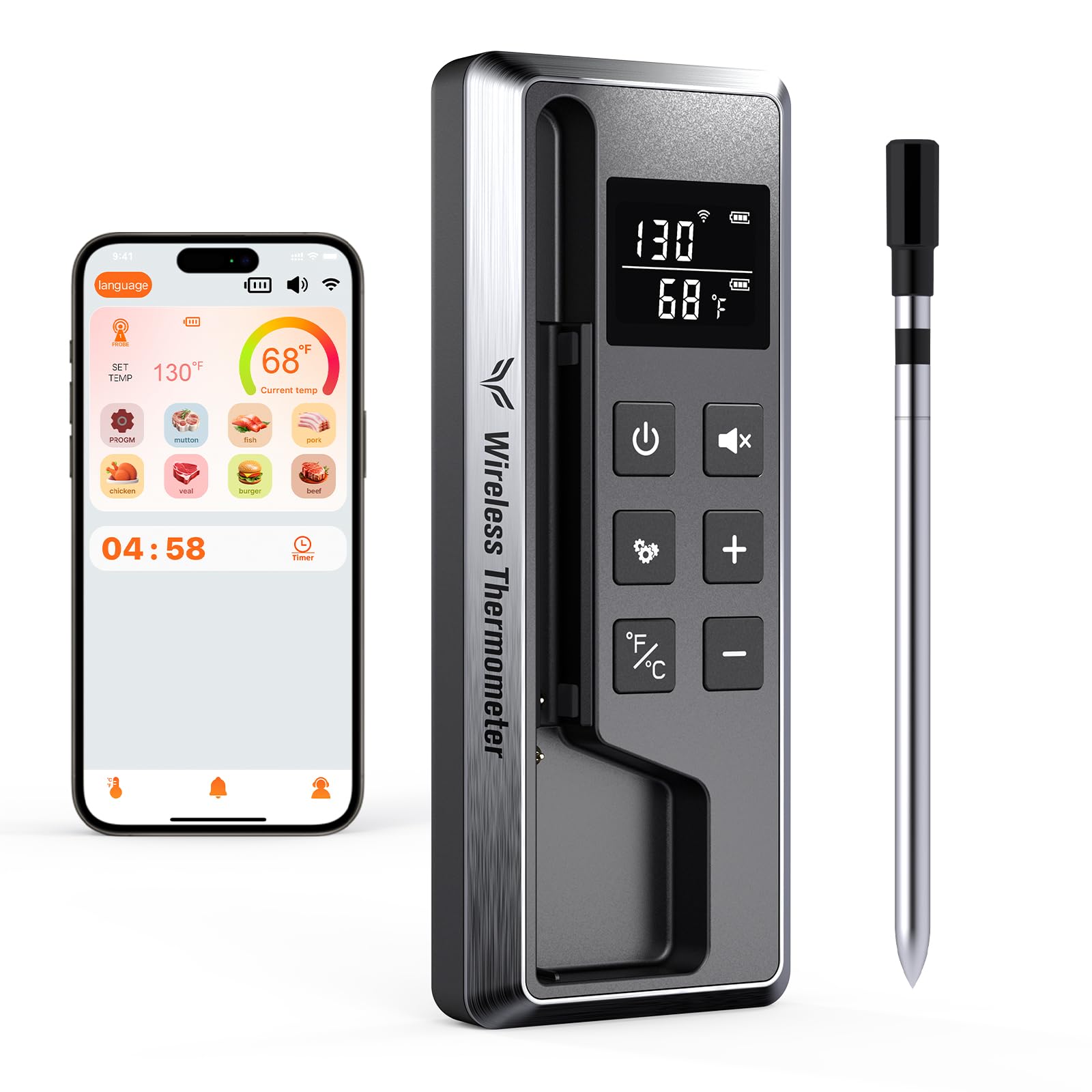 Paneceia Meat Thermometer Digital Wireless, 800FT Long Range Bluetooth Cooking Thermometer, Food Thermometer for Remote Monitoring of Grill, Oven, Smoker, Air Fryer, Rotisserie, iOS & Android App