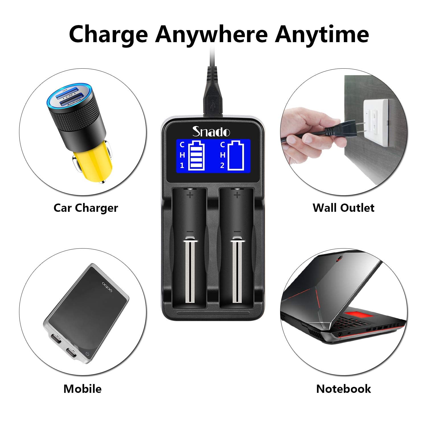 Intelligent Charger, Snado LCD Display Universal Smart Charger for Rechargeable Batteries Li-ion Batteries 18650 18490 18350 17670 17500 16340 14500, Ni-MH/Ni-Cd A AA AAA Battery (2 Slots)