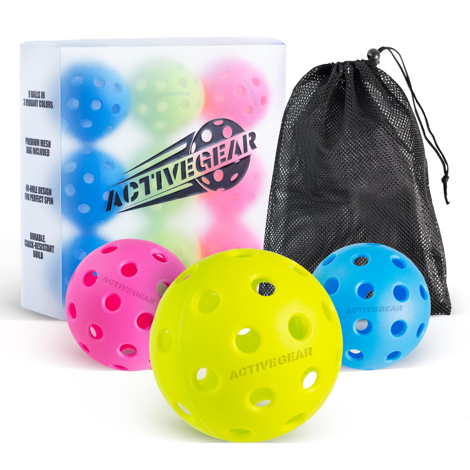 ActiveGear Pickleball Balls, 9 Pack 40 Holes Outdoor Pickleball Balls in 3 Colors Mesh Bag, USAPA Standard, High Elasticity & Durable Pickle Balls for Various Pickleball Paddles and Courts