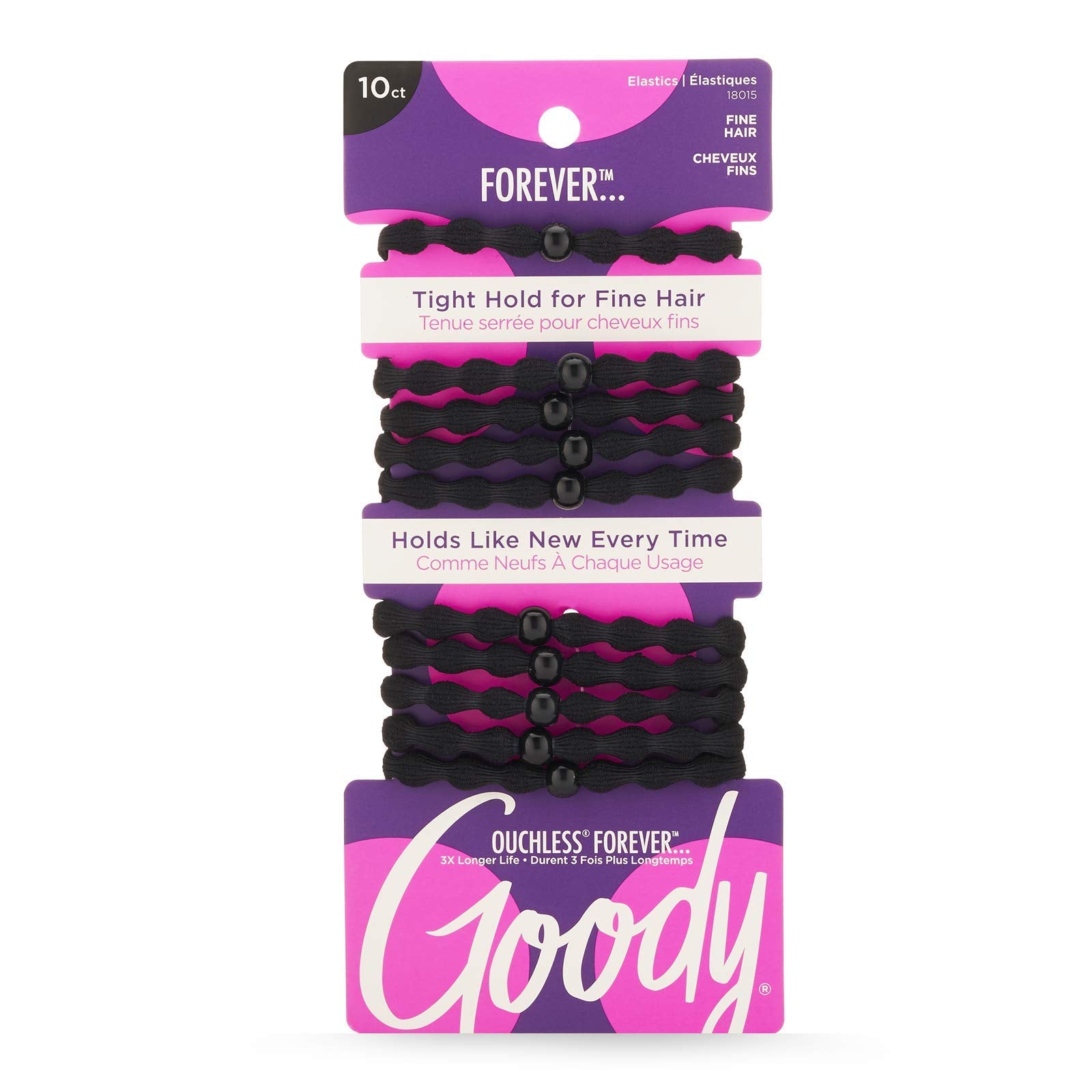 Goody Ouchless Forever Hair Elastics - 10 Ct, Black, Damage-Free Bands, 3X Stronger Hair Ties, Retainable Shape, 16 Strand Inner Core, Hair Accessories for Women & Men, For Fine Hair