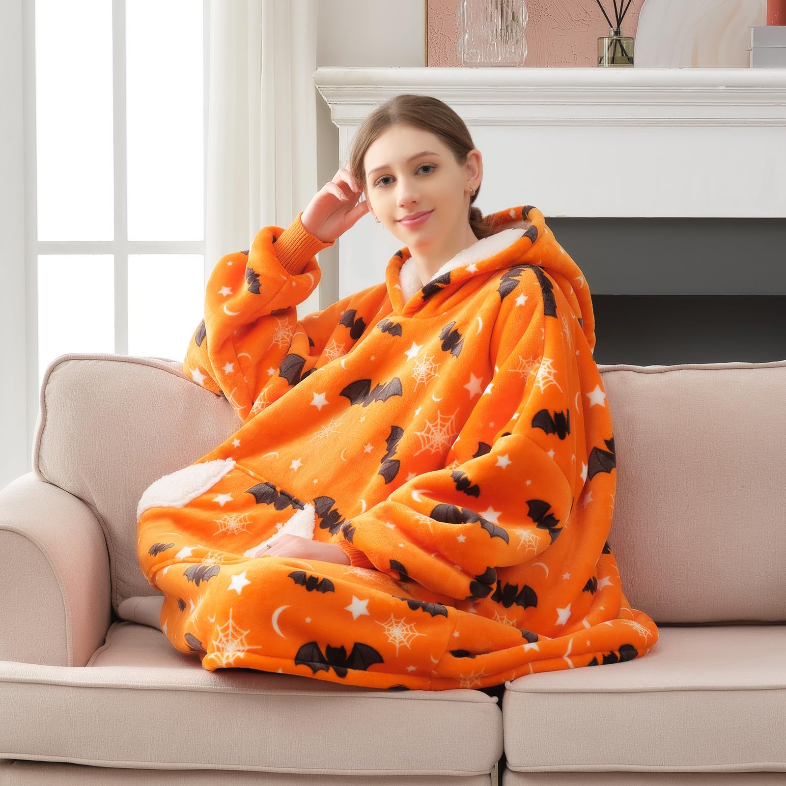 Touchat Halloween Wearable Blanket Hoodie, Orange Bat Costume Oversized Sherpa Fleece Sweatshirt Blanket with Giant Hood Pocket and Sleeves for Adult, Warm & Cozy Grey Blanket Gifts for Women