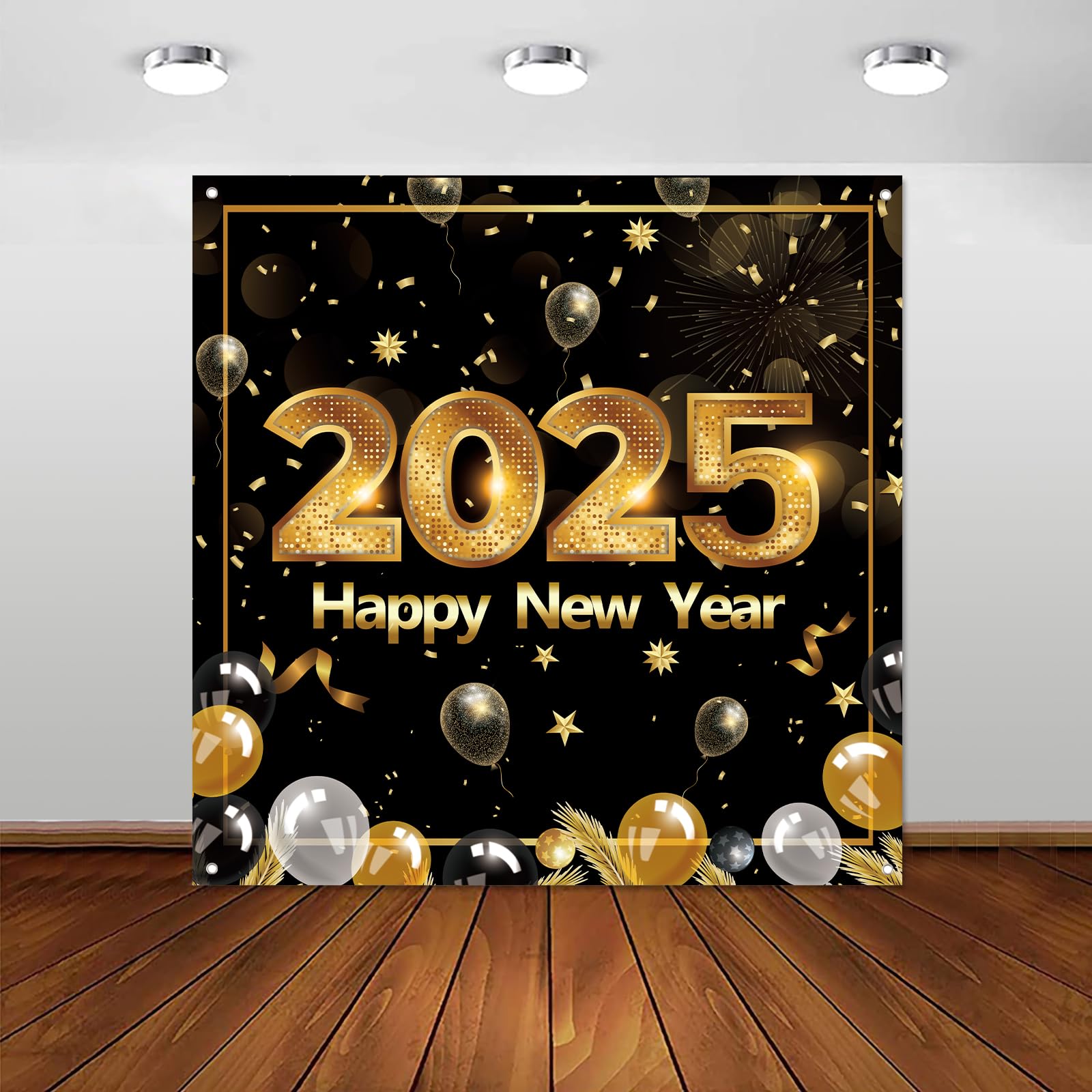 Happy New Years Eve Party Supplies 2025 - New Years Decorations Black and Gold Confetti Balloon Garland Arch Kit Happy New Year Backdrop Tablecloth for New Year Party Anniversary Retirement Graduation