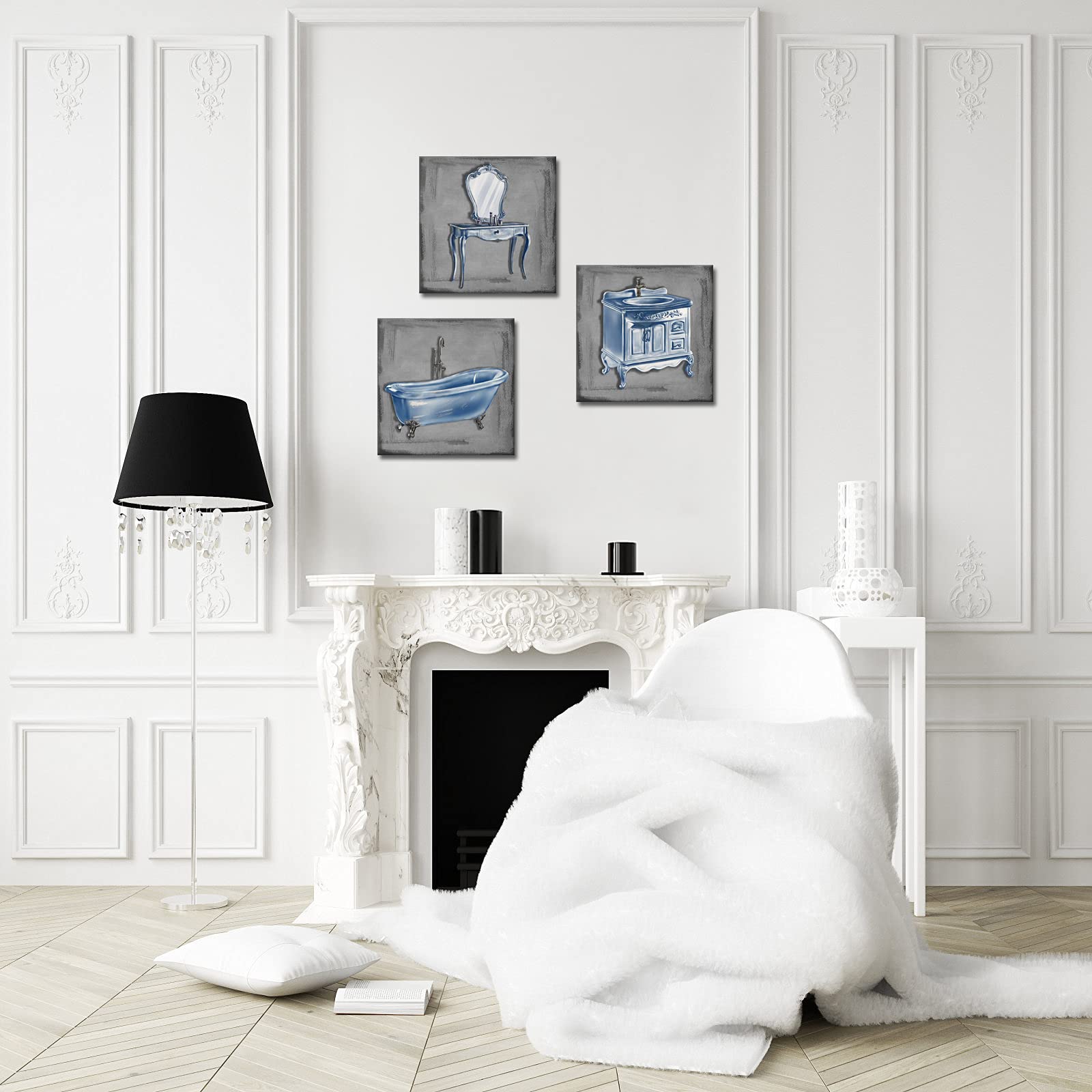 DuoBaorom 3 Pieces Bathroom Picture Wall Art Abstract Bathtub Vanity Set Wash Basin Grey and Blue Artwork for Bathroom Wash Room Decor Ready to Hang 12x12inchx3pcs