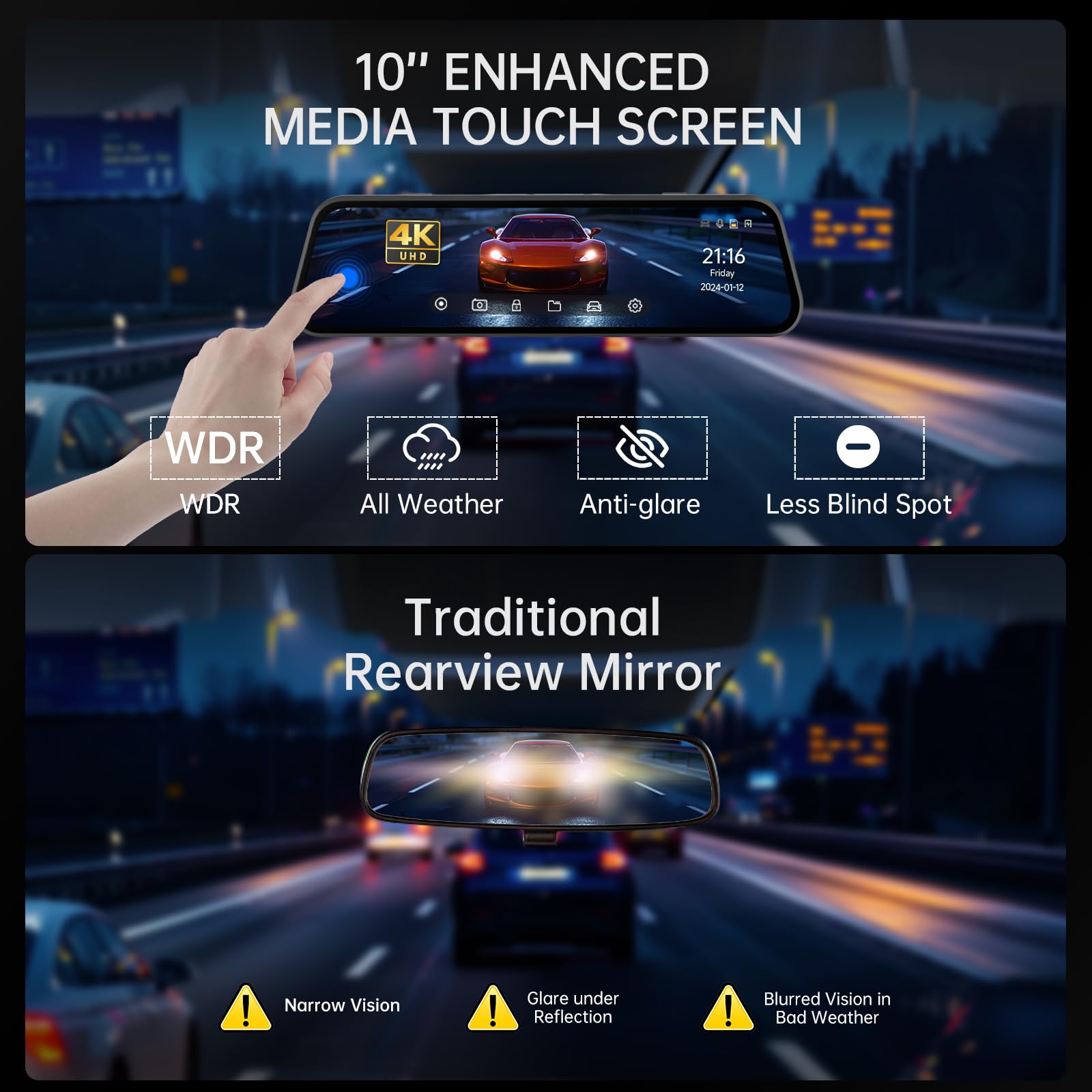 Veement 4K Rear View Mirror Camera, 10'' Mirror Dash Cam with 1080P Rear Camera, Dash Cam Front and Rear for Car with Voice Control, 24H Parking Mode, Night Vision, Free 32GB Card