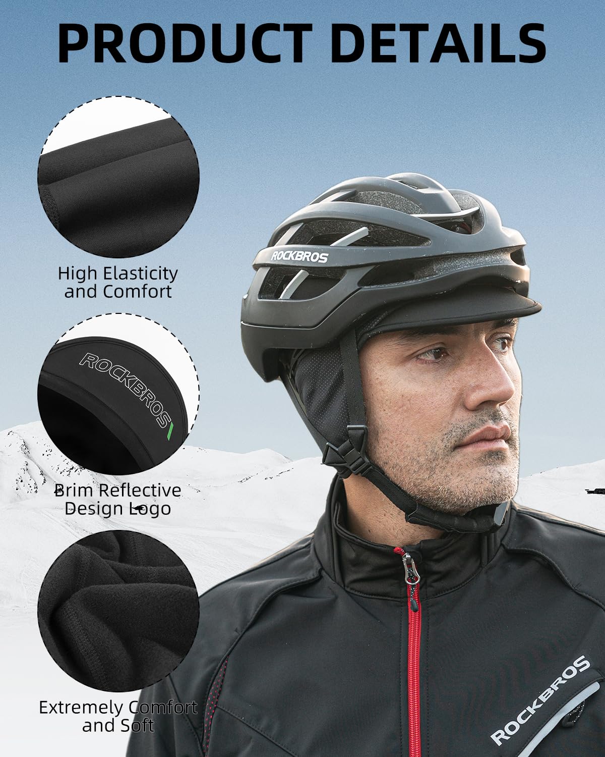 ROCKBROS Winter Cycling Caps for Men Women Windproof Cycling Hat with Sun Visor Under Helmet Liner Black