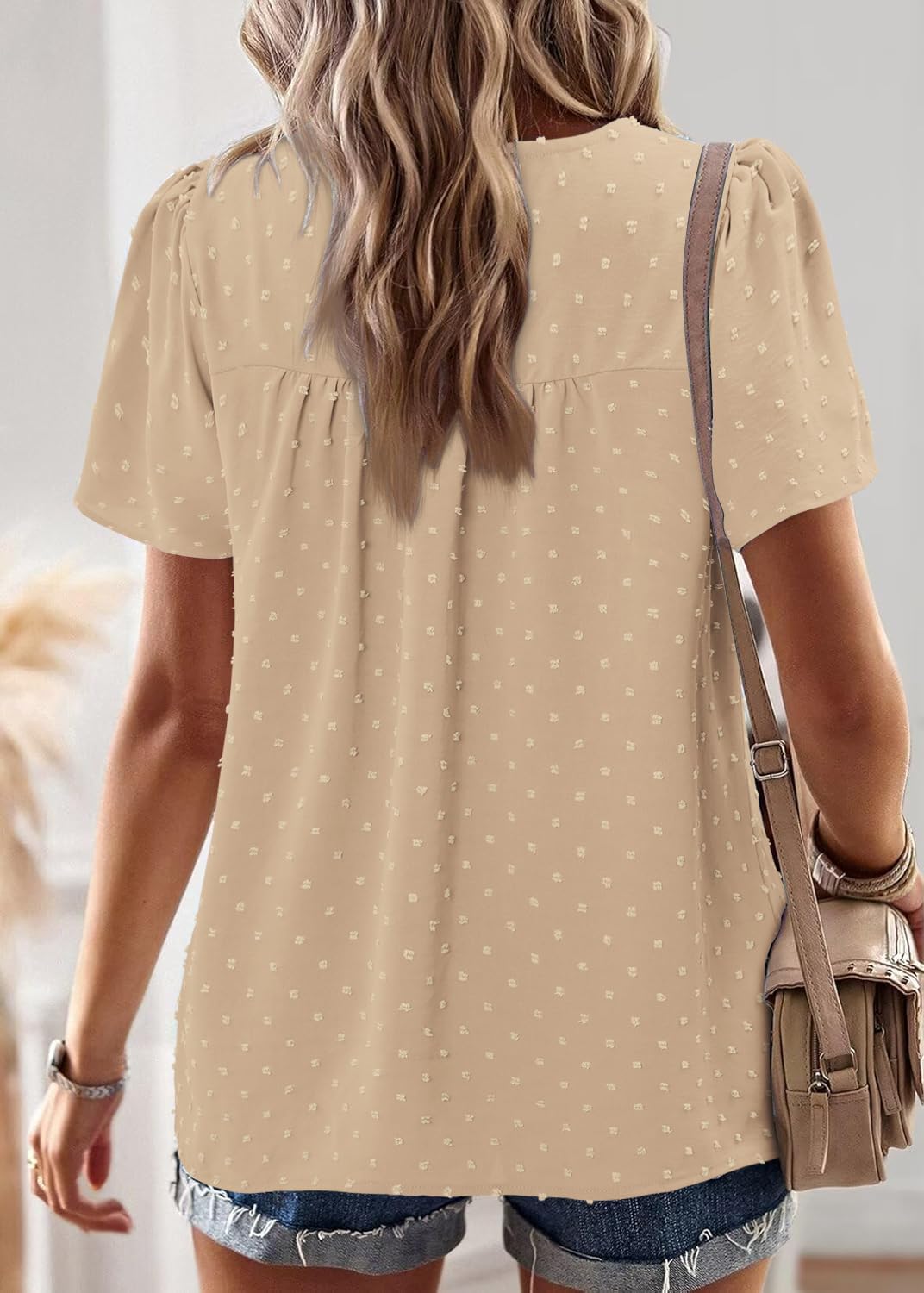 Women Summer Shirts Trendy Boho Lace Tops Short Sleeve Loose Casual Flowy Cute Blouses Ladies Crew Neck Cute Dressy Babydoll Western Blouse Apricot Large