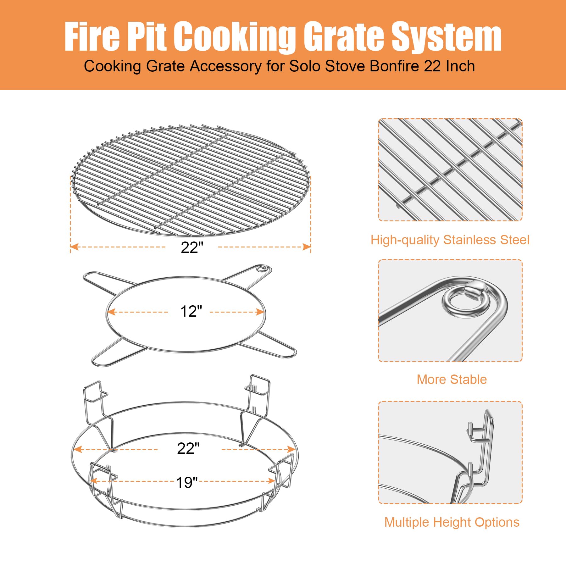 22" Cooking Grate System for Solo Stove Bonfire, Fire Pit Cooking Grate for Solo Stove Bonfire Fire Pit and Other 19" Outdoor Firepits, BBQ Gourmet Sear System for Outdoor Camp Fire