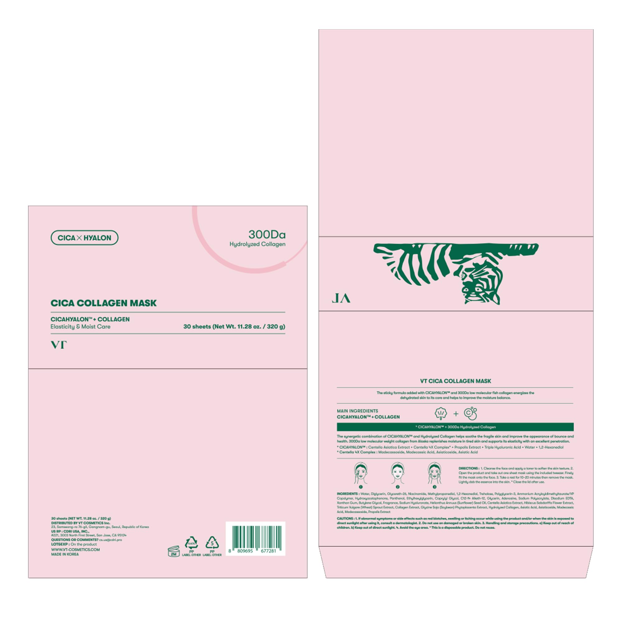 VT COSMETICS CICA Pink Daily Mask 30 Sheets, 300Da Low Molecular Collagen for Skin Elasticity, Hydrating & Firming, Pink Collagen Essence, Korean Face Mask