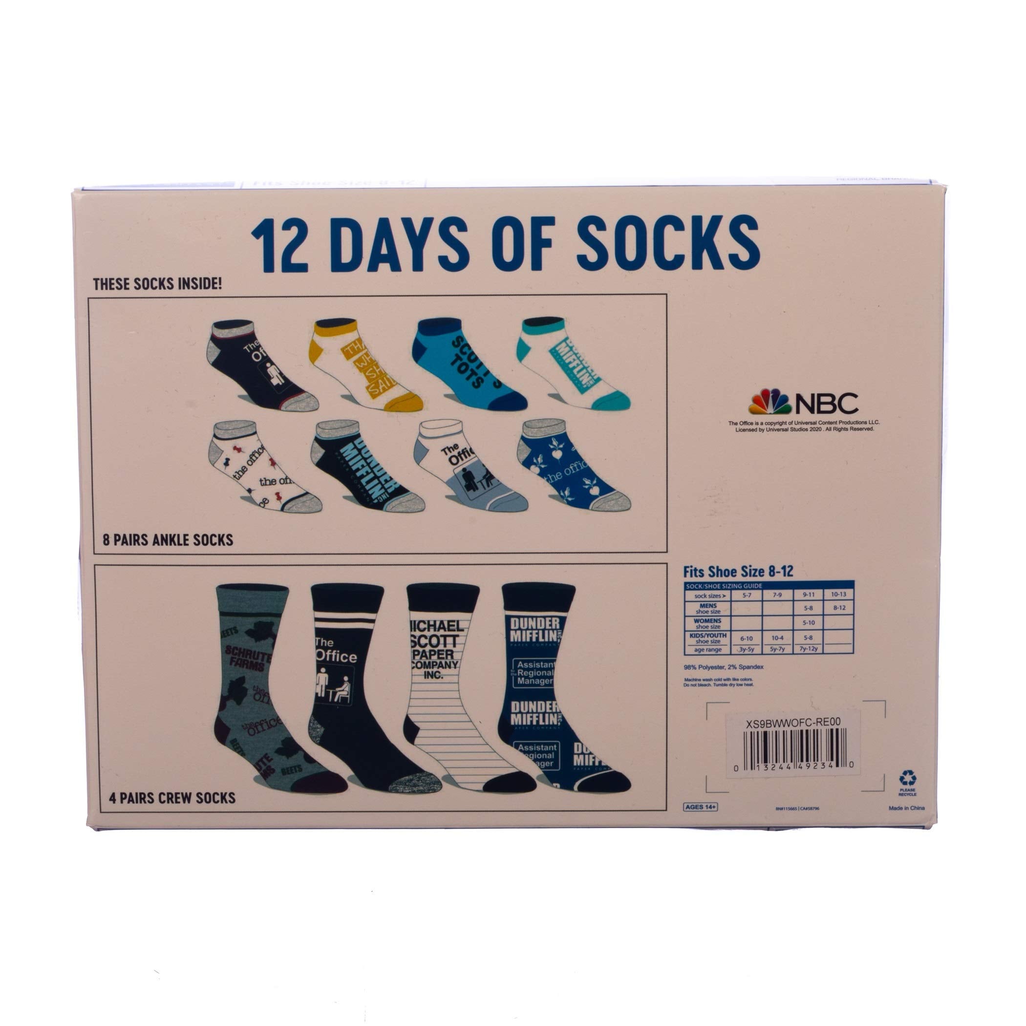 Bioworld The Office TV Show 12 Days Of Socks Advent Calendar Set (Mens shoe size 8-12)