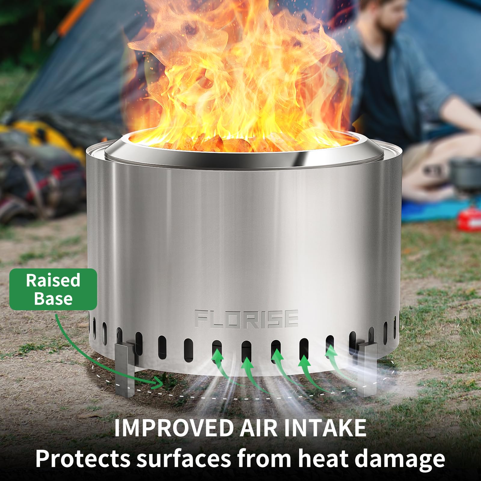 Florise 27 Inch Smokeless Fire Pit, Outdoor Portable Firepit with Waterproof Cover & Poker, Stainless Steel Wood Burning Fireplace for Outside,Patio, Camping, Bonfire, Silver