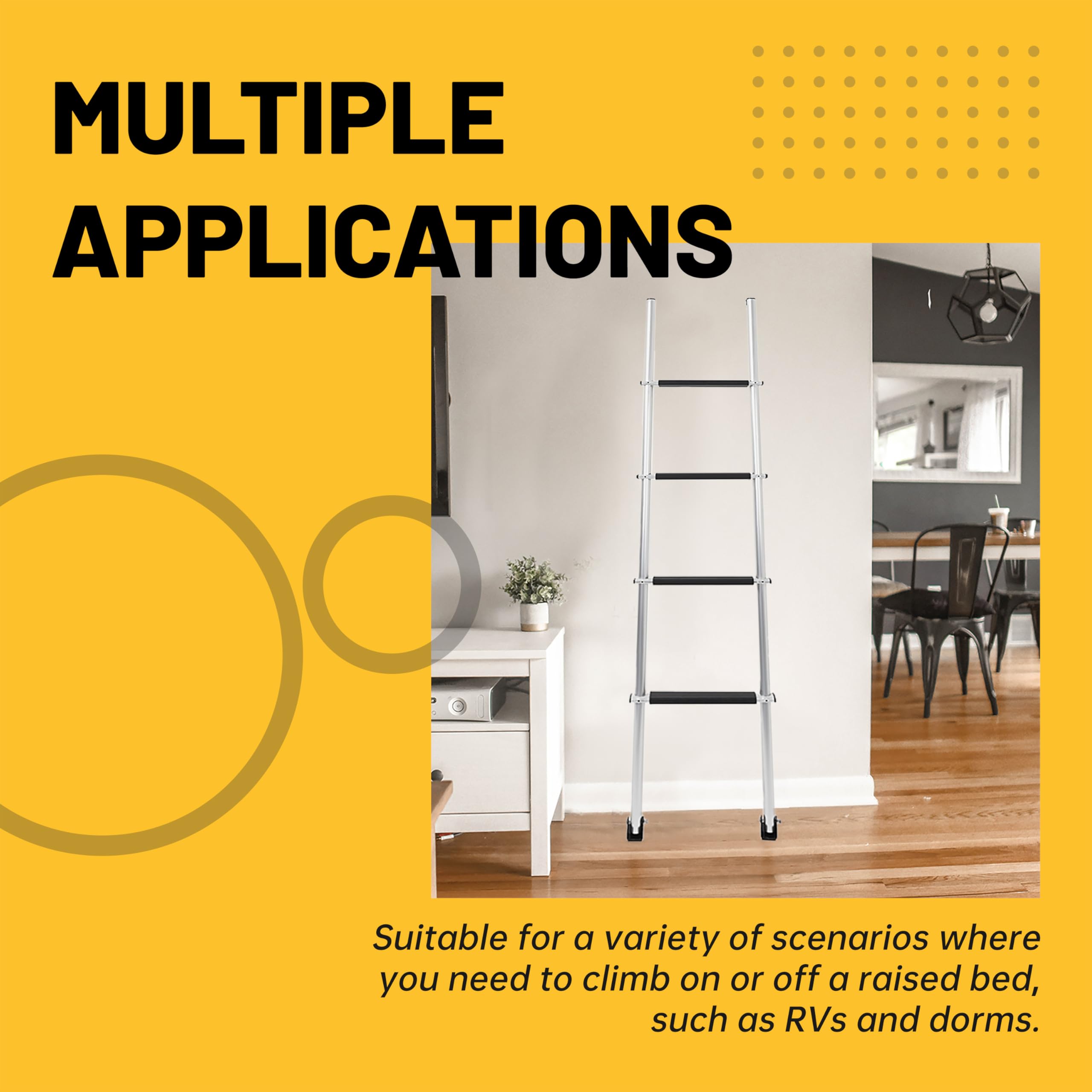 KUAFU 60'' Bunk Ladder Compatible with RV W/Hook and Rubber Foot Pads Aluminum Anti-Slip Bunk Bed Dorm Loft Home Appartments Ladder Lightweight and Sturdy Design for Safe Climbing 450LBS