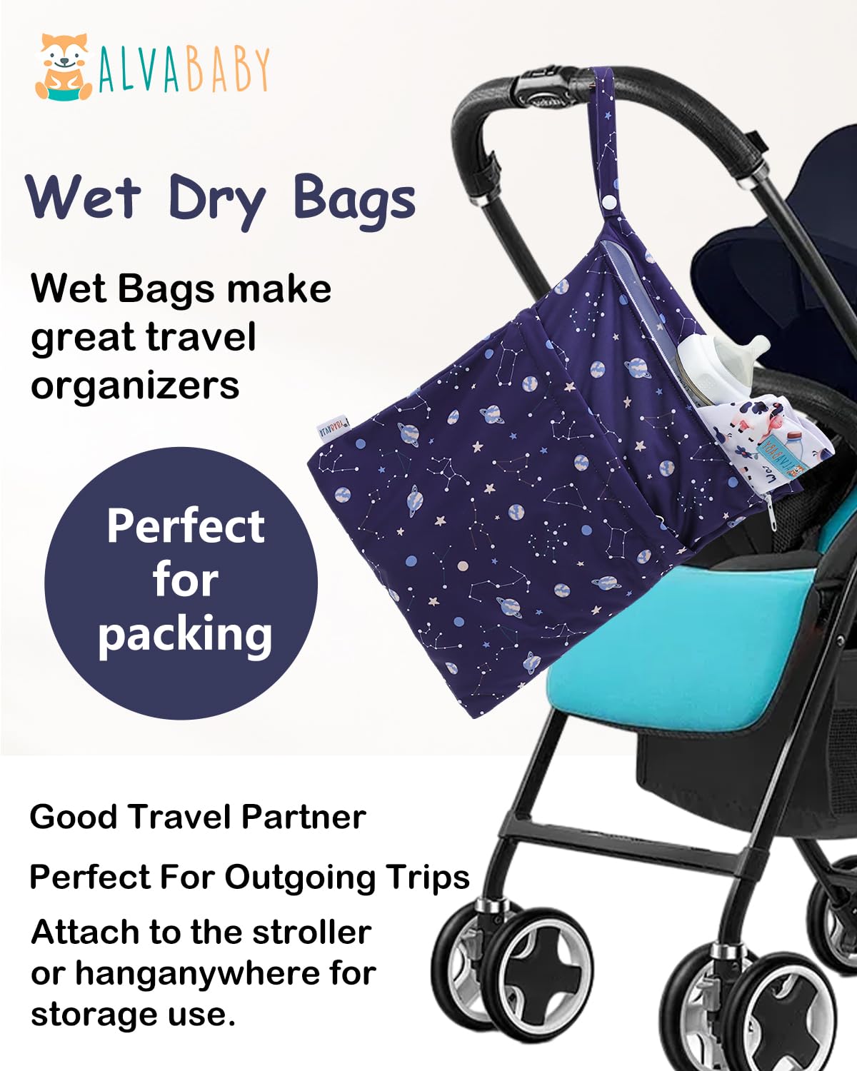 ALVA ALVABABY 3pcs Cloth Diaper Wet Dry Bags Waterproof Reusable with Two Zippered Pockets Travel Beach Pool Daycare Soiled Baby Items Yoga Gym Bag for Swimsuits or Wet Clothes 3L-ZM32